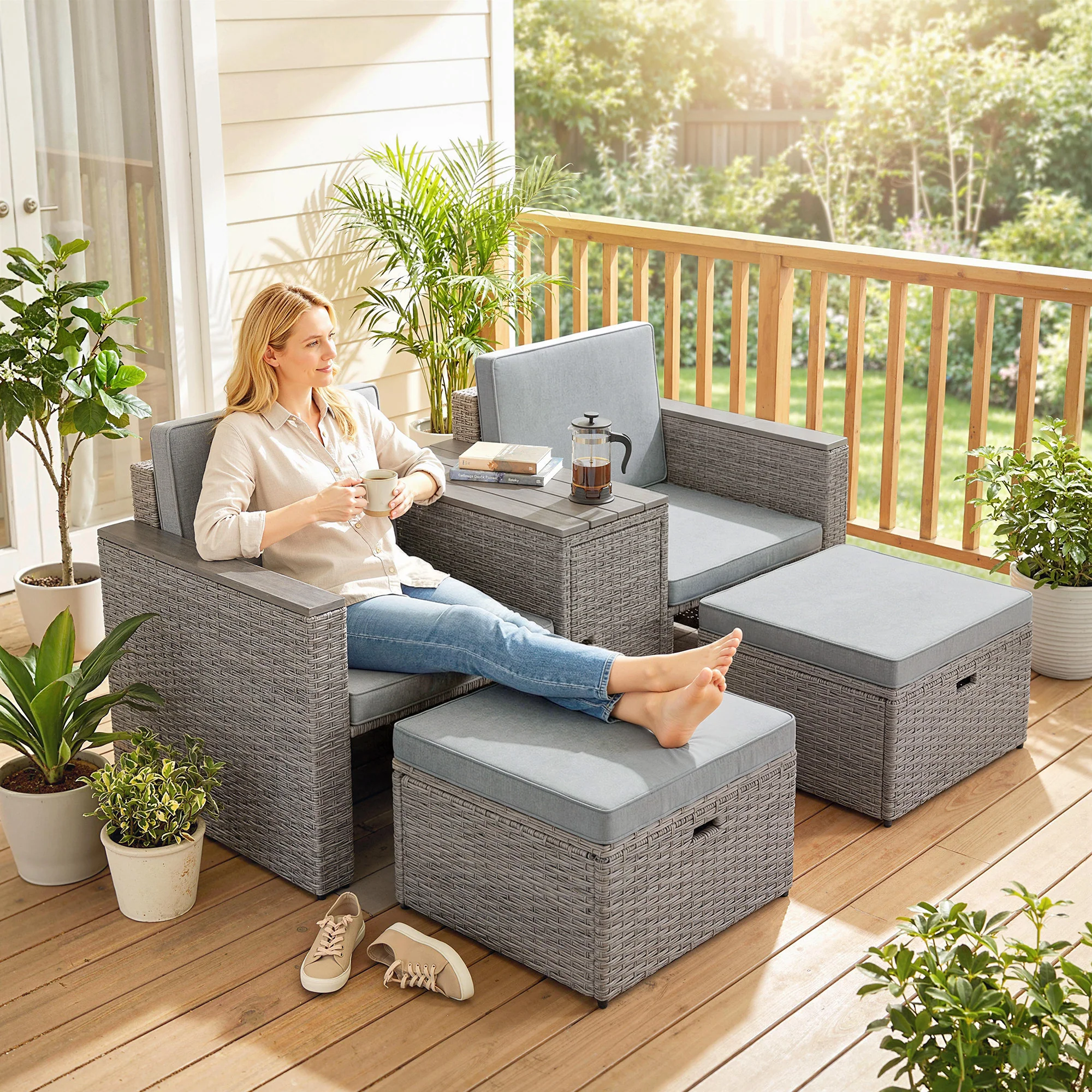 Outsunny 5 Piece Rattan Garden Furniture Set w/ Storage Table, Dark Grey - Image 2