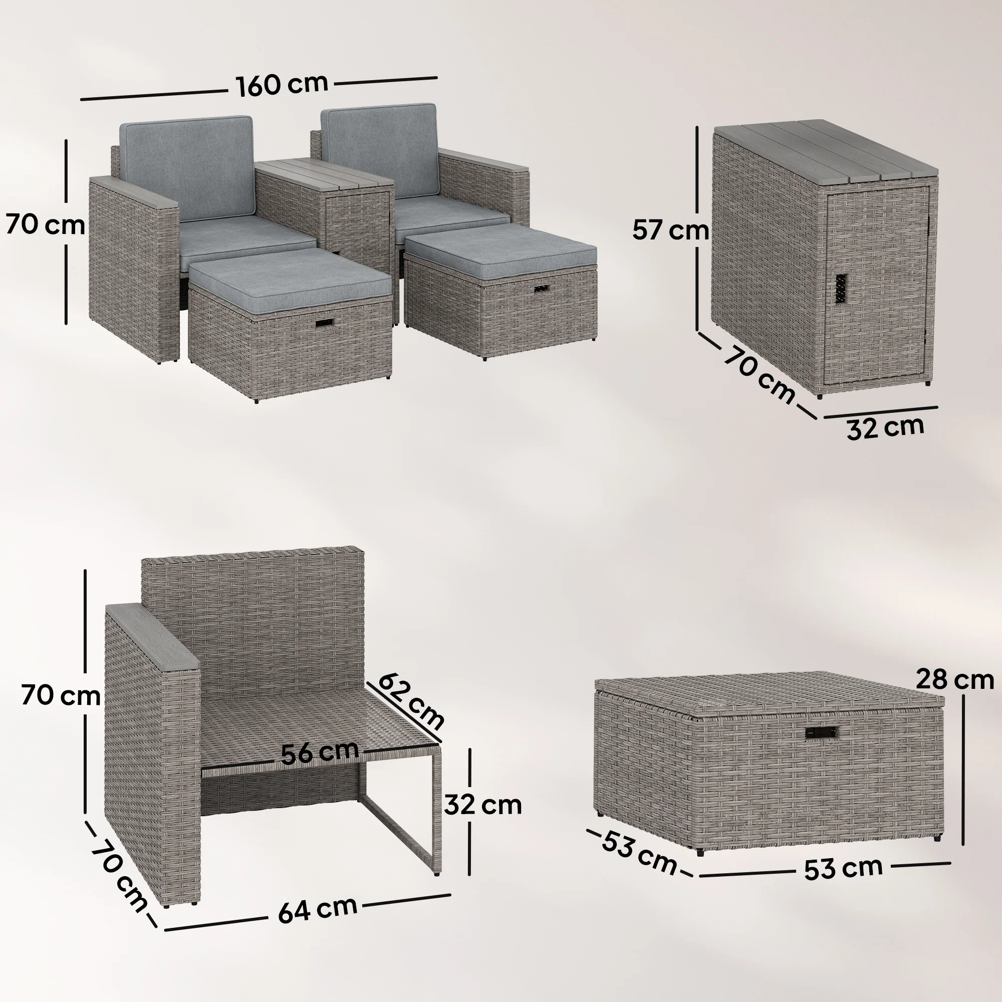 Outsunny 5 Piece Rattan Garden Furniture Set w/ Storage Table, Dark Grey - Image 3