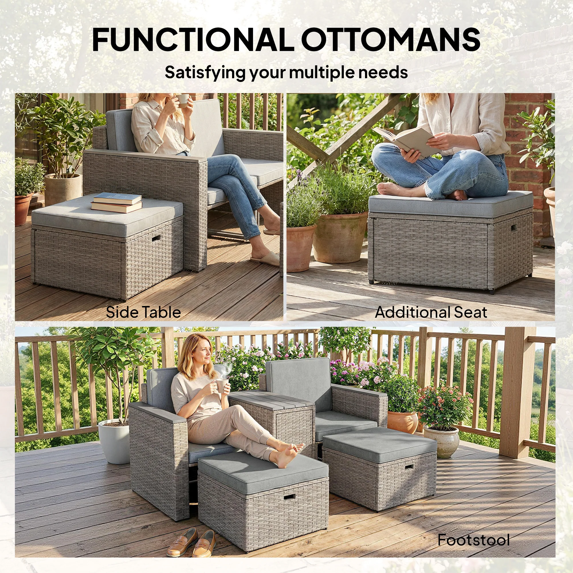 Outsunny 5 Piece Rattan Garden Furniture Set w/ Storage Table, Dark Grey - Image 6