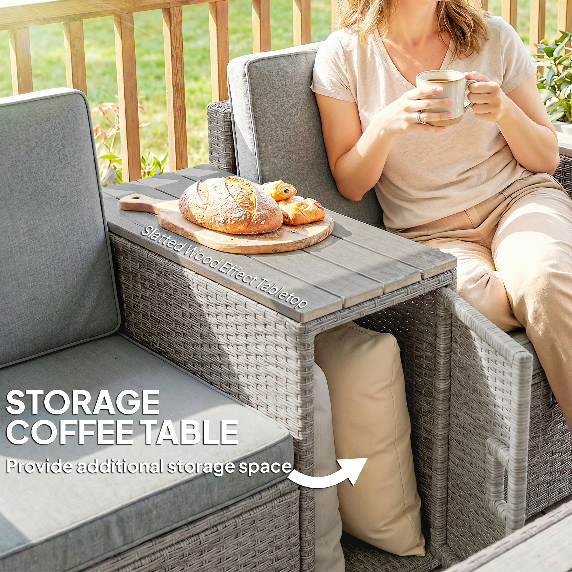 Outsunny 5 Piece Rattan Garden Furniture Set w/ Storage Table, Dark Grey - Image 8