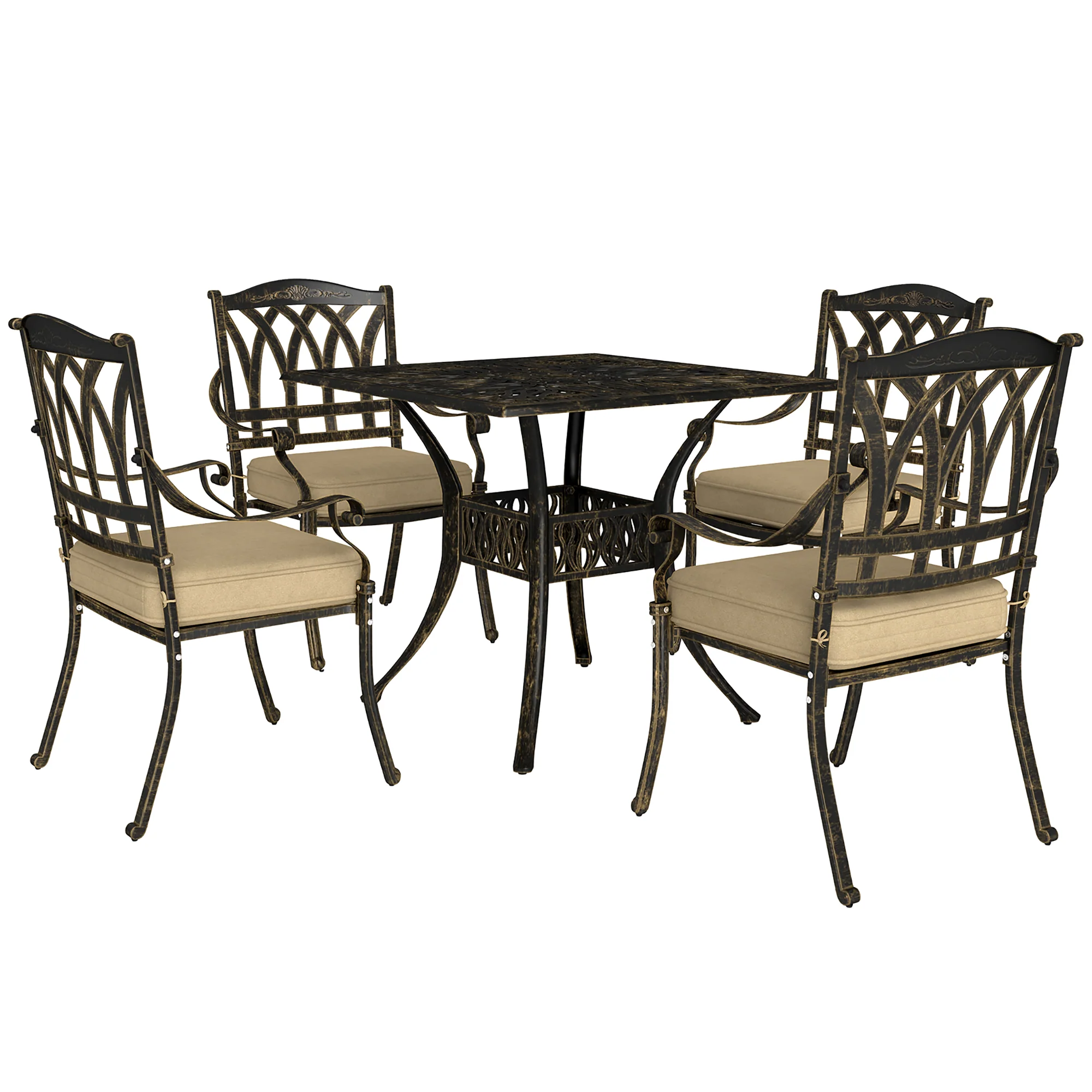 Outsunny 5 Pieces Cast Aluminium Garden Dining Set With Parasol Hole, Bronze