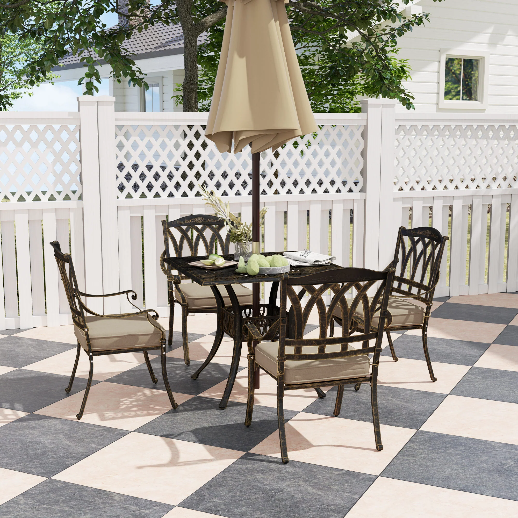 Outsunny 5 Pieces Cast Aluminium Garden Dining Set With Parasol Hole, Bronze - Image 2