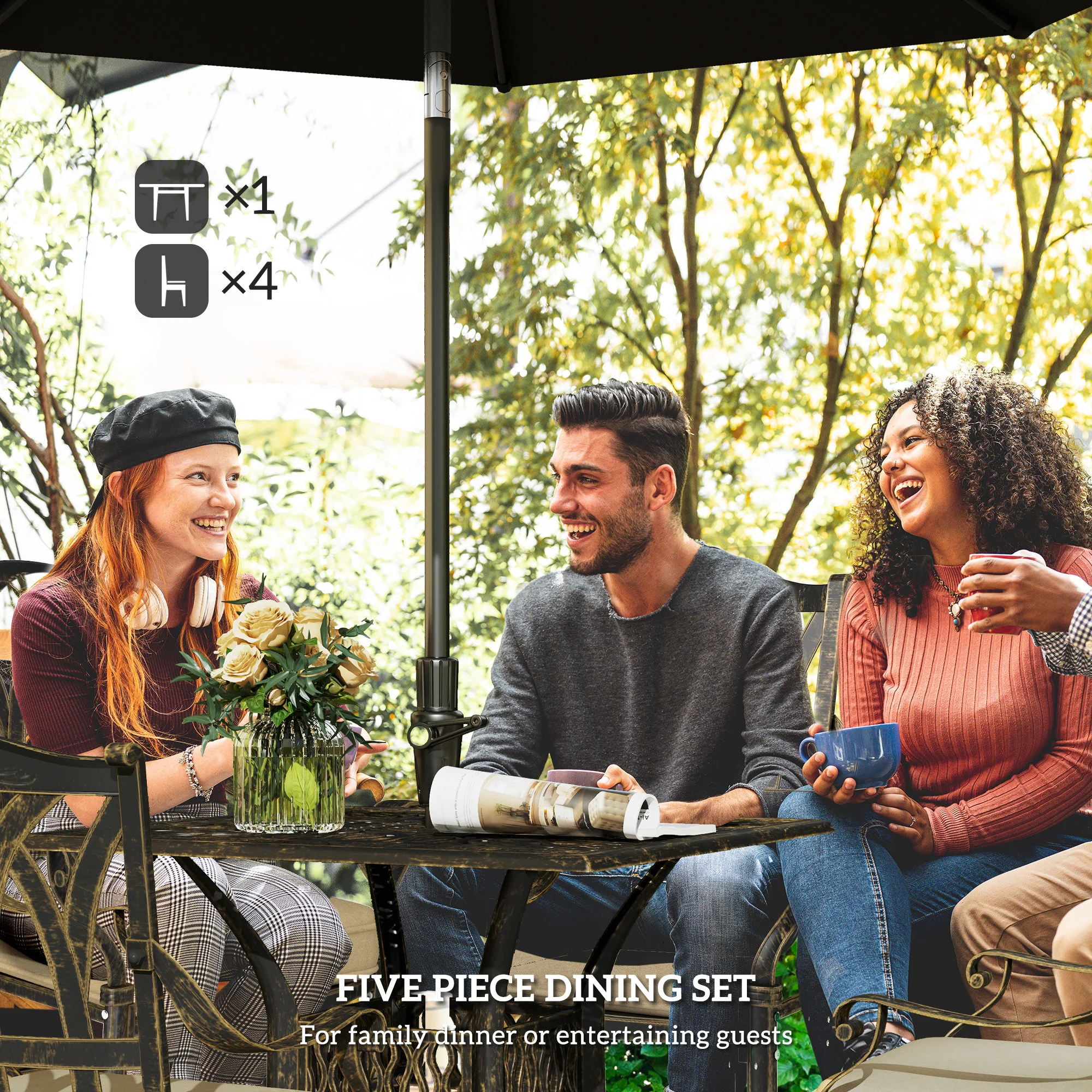 Outsunny 5 Pieces Cast Aluminium Garden Dining Set With Parasol Hole, Bronze - Image 3