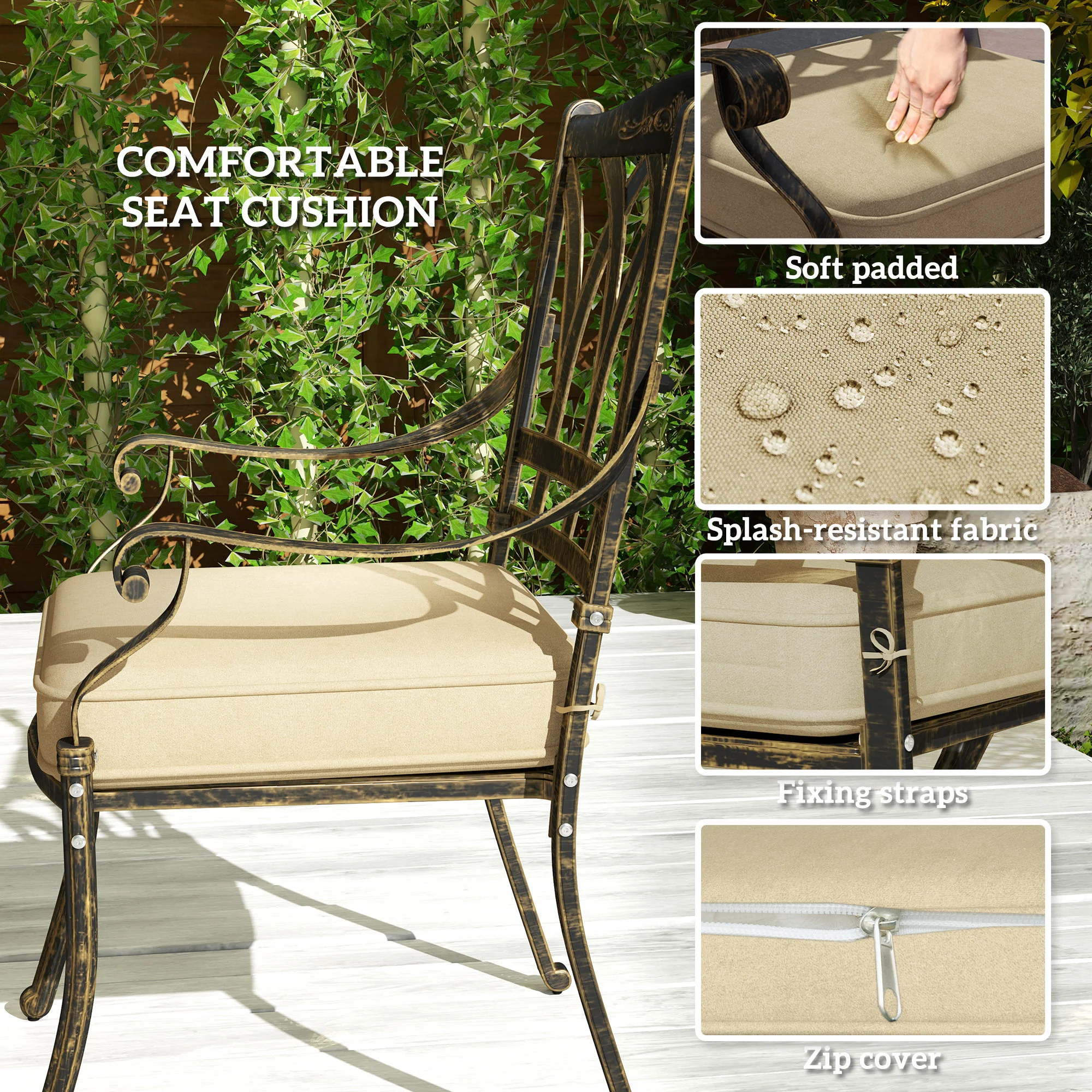 Outsunny 5 Pieces Cast Aluminium Garden Dining Set With Parasol Hole, Bronze - Image 4