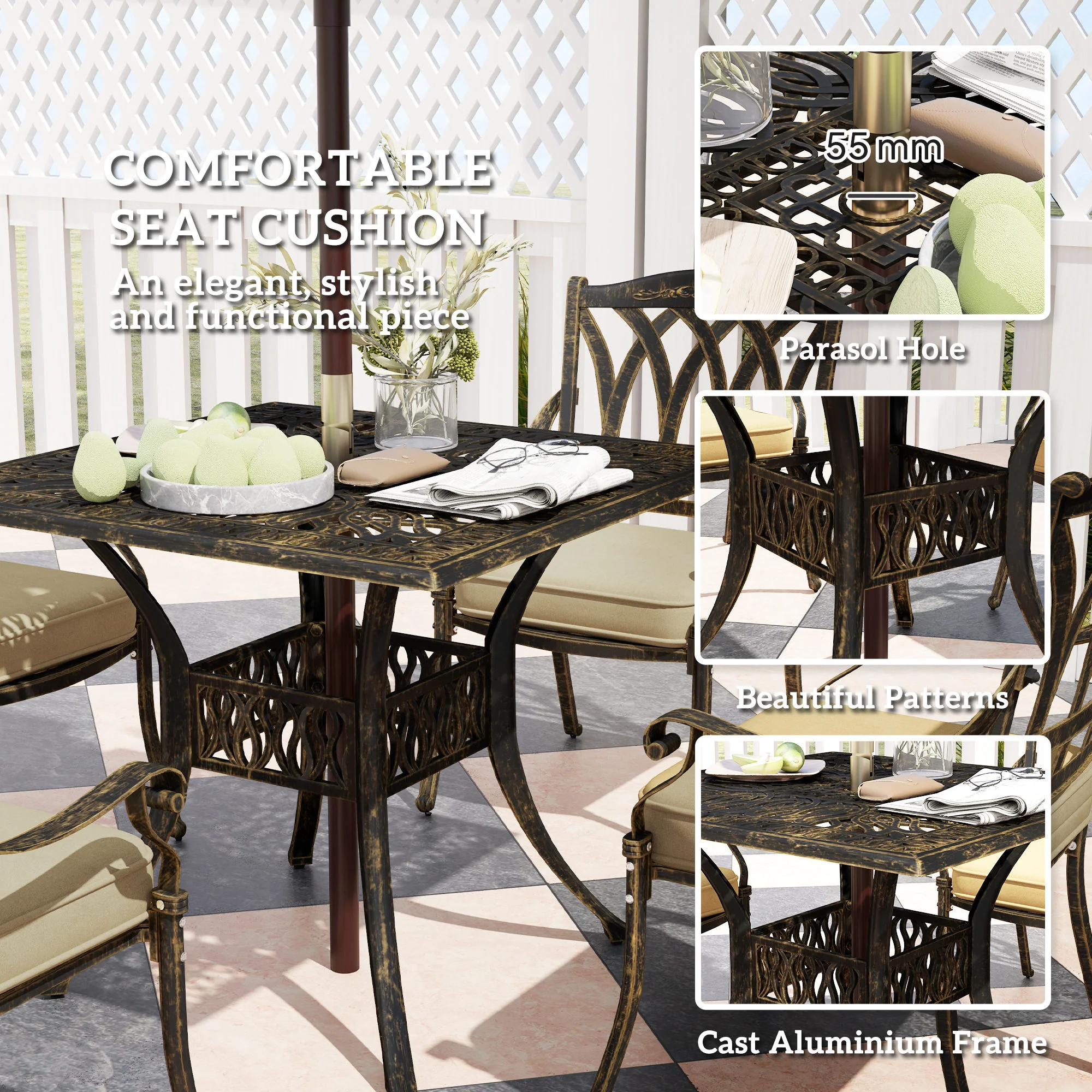 Outsunny 5 Pieces Cast Aluminium Garden Dining Set With Parasol Hole, Bronze - Image 6