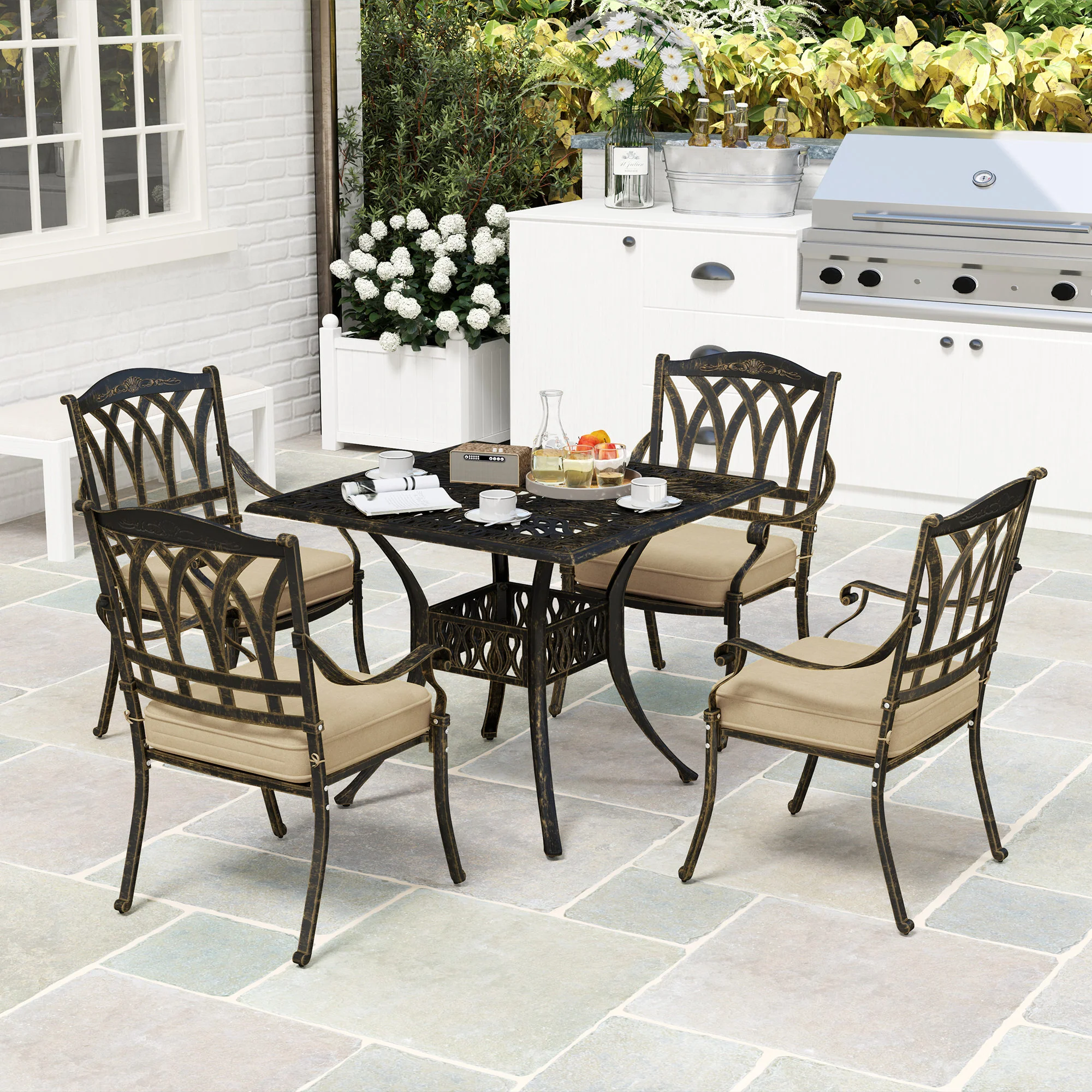 Outsunny 5 Pieces Cast Aluminium Garden Dining Set With Parasol Hole, Bronze - Image 8
