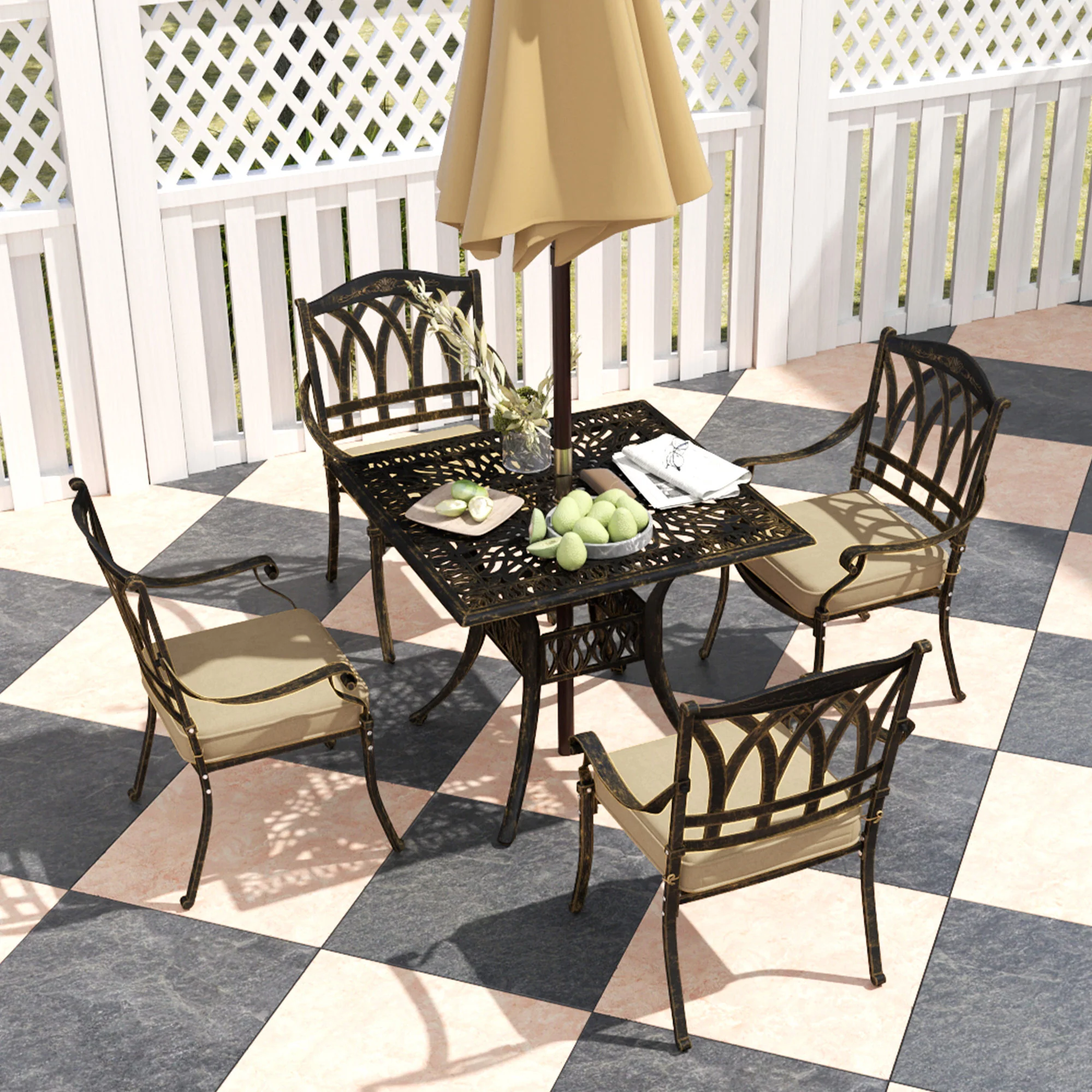 Outsunny 5 Pieces Cast Aluminium Garden Dining Set With Parasol Hole, Bronze - Image 9