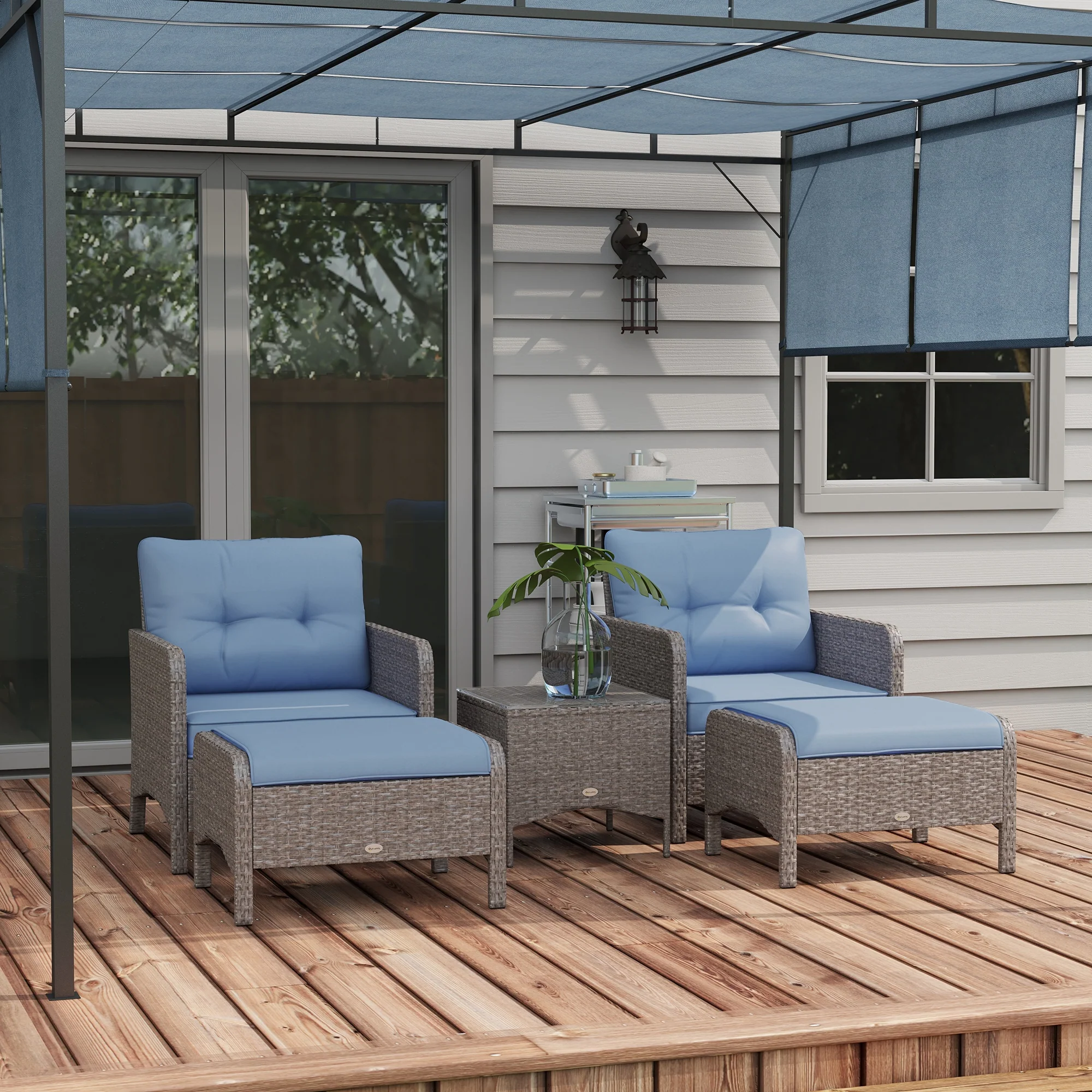 Outsunny 5 Pieces Outdoor Patio Furniture Set Wicker Conversation Set Blue - Image 2