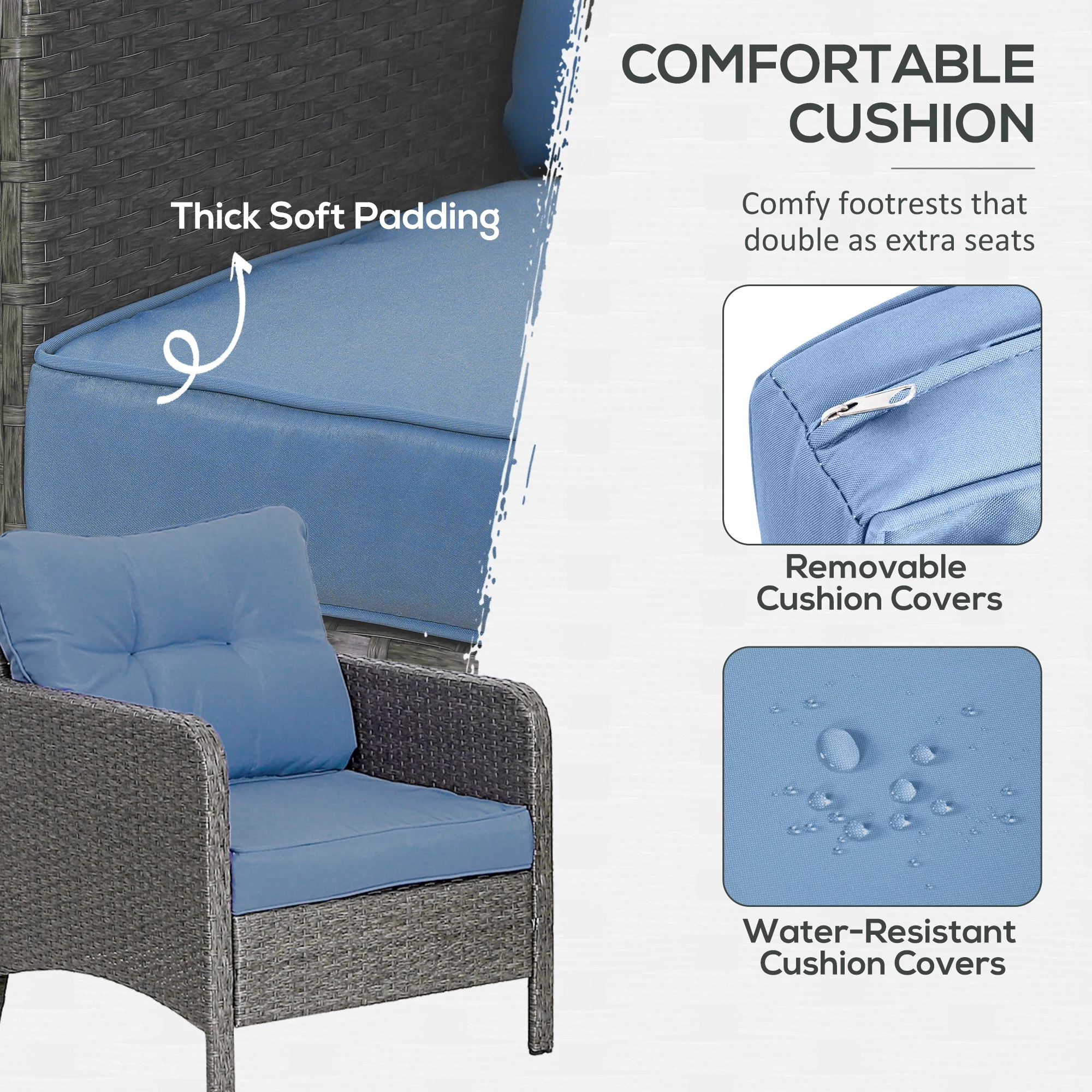 Outsunny 5 Pieces Outdoor Patio Furniture Set Wicker Conversation Set Blue - Image 4