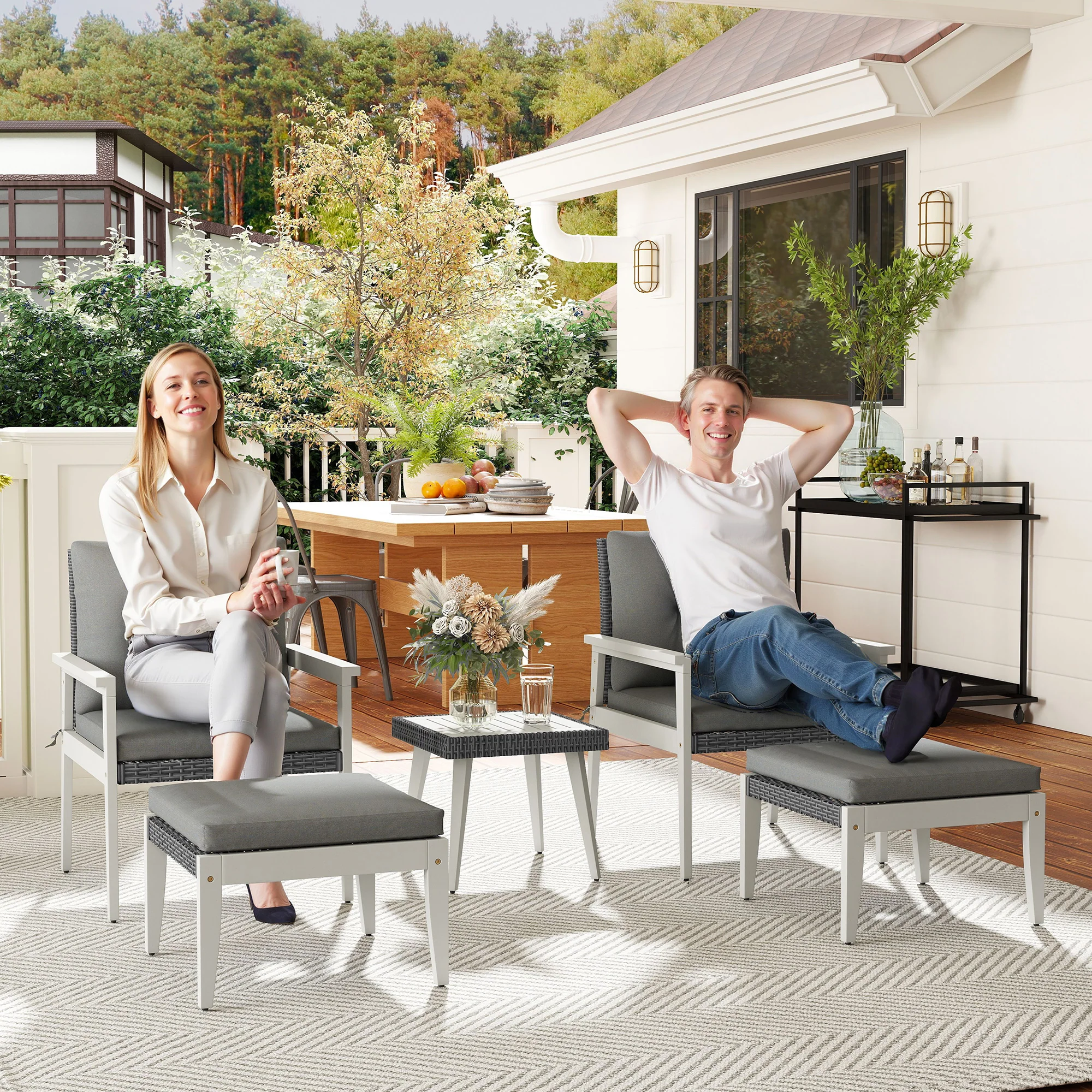Outsunny 5 Pieces Rattan Patio set with Acacia Wood Top Coffee Table - Image 2