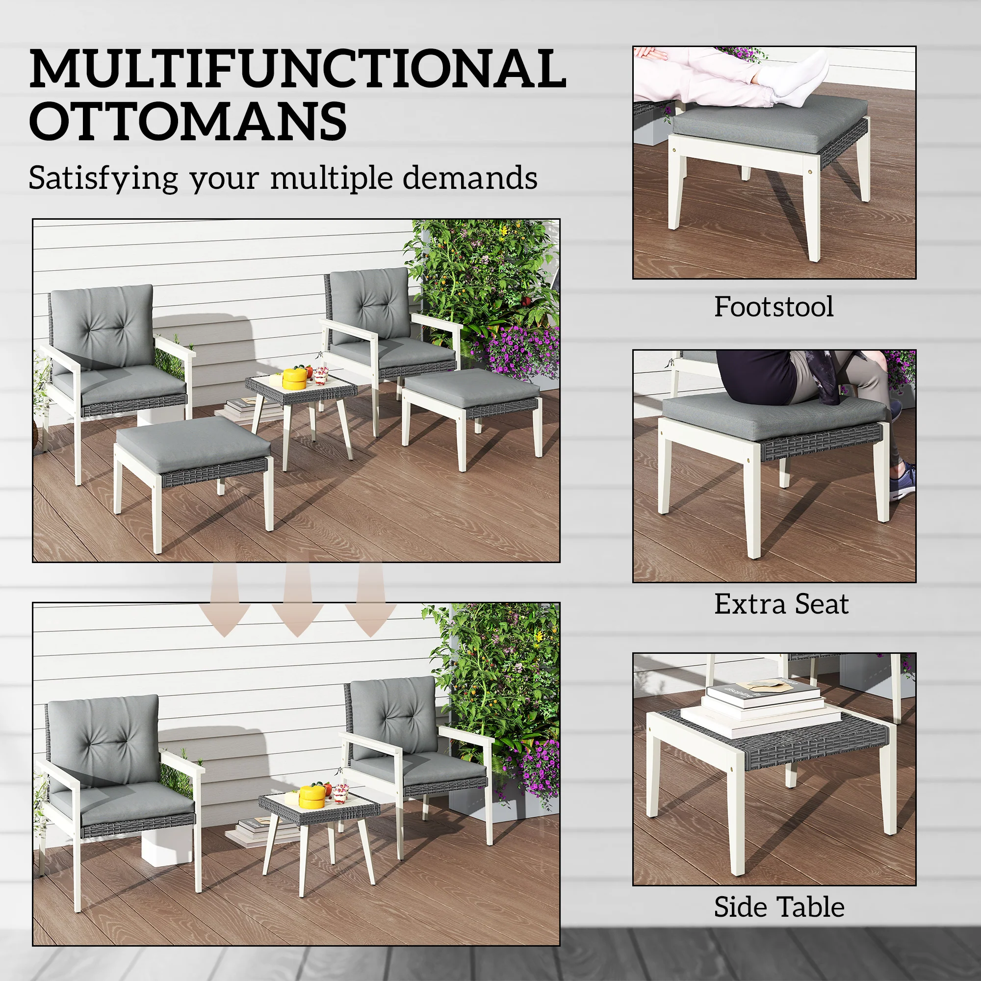 Outsunny 5 Pieces Rattan Patio set with Acacia Wood Top Coffee Table - Image 4