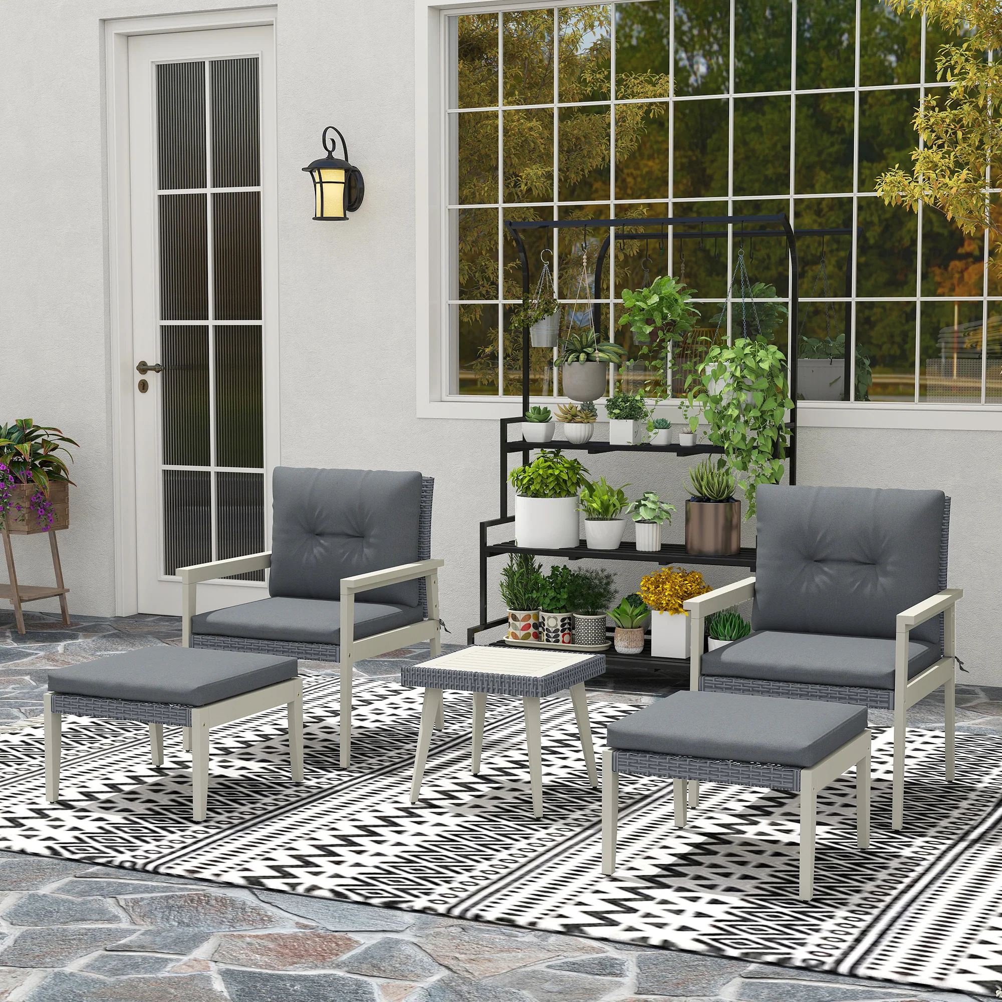Outsunny 5 Pieces Rattan Patio set with Acacia Wood Top Coffee Table - Image 9