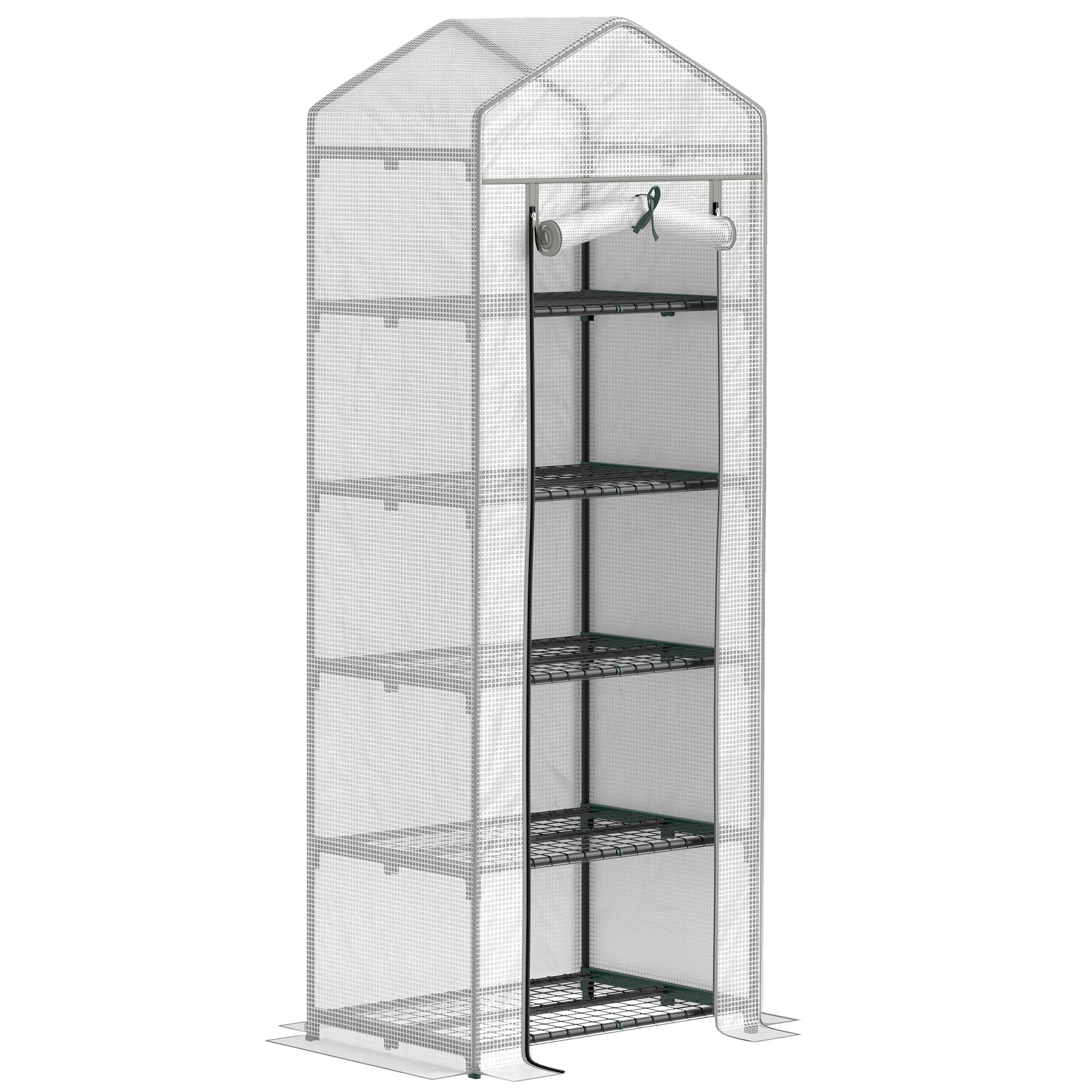 Outsunny 5 Tier Mini Greenhouse Grow House w/ Roll Up Door, White/Grey - Image 10
