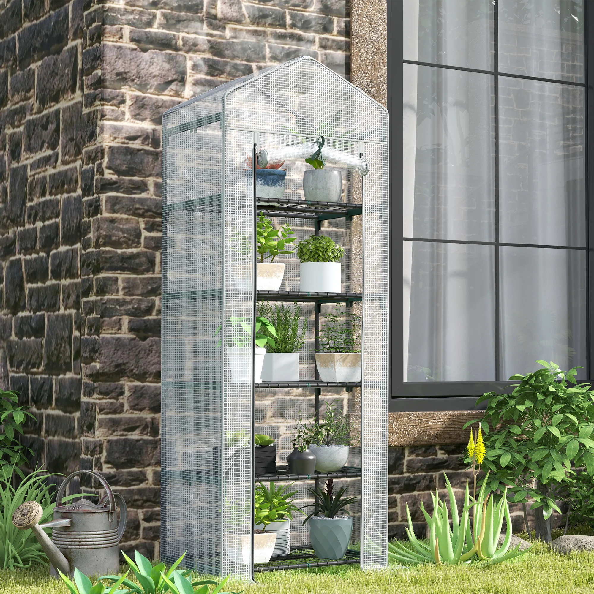 Outsunny 5 Tier Mini Greenhouse Grow House w/ Roll Up Door, White/Grey - Image 11