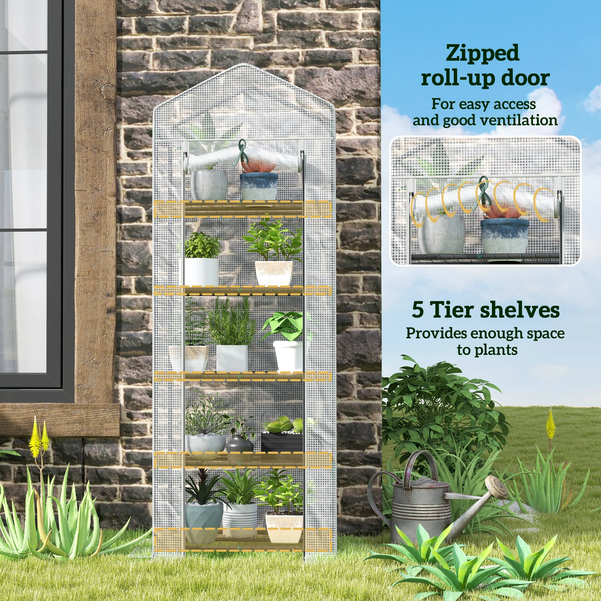 Outsunny 5 Tier Mini Greenhouse Grow House w/ Roll Up Door, White/Grey - Image 13