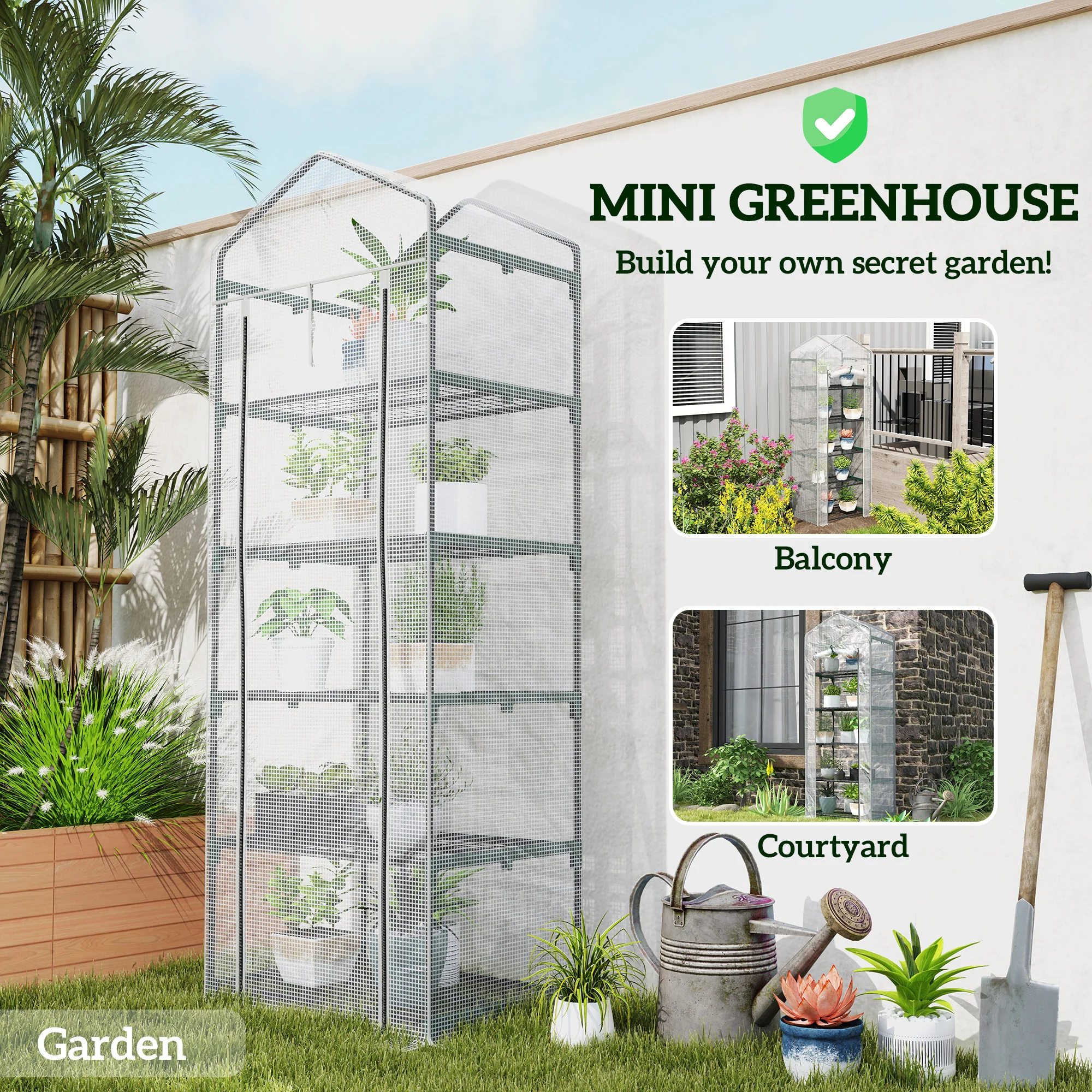 Outsunny 5 Tier Mini Greenhouse Grow House w/ Roll Up Door, White/Grey - Image 15