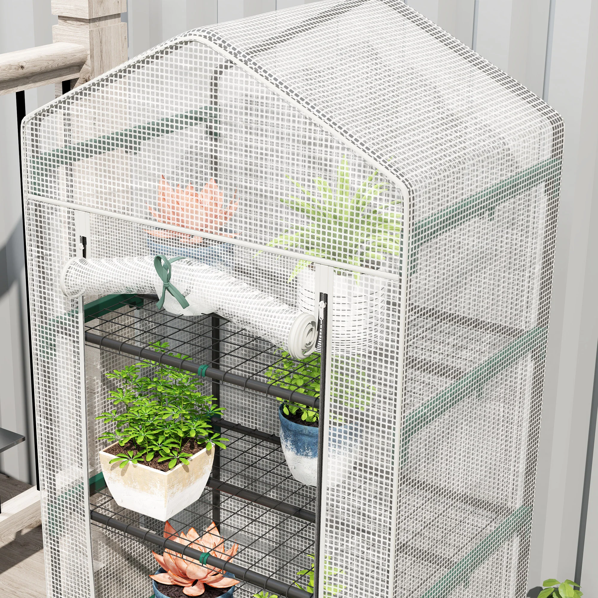 Outsunny 5 Tier Mini Greenhouse Grow House w/ Roll Up Door, White/Grey - Image 16