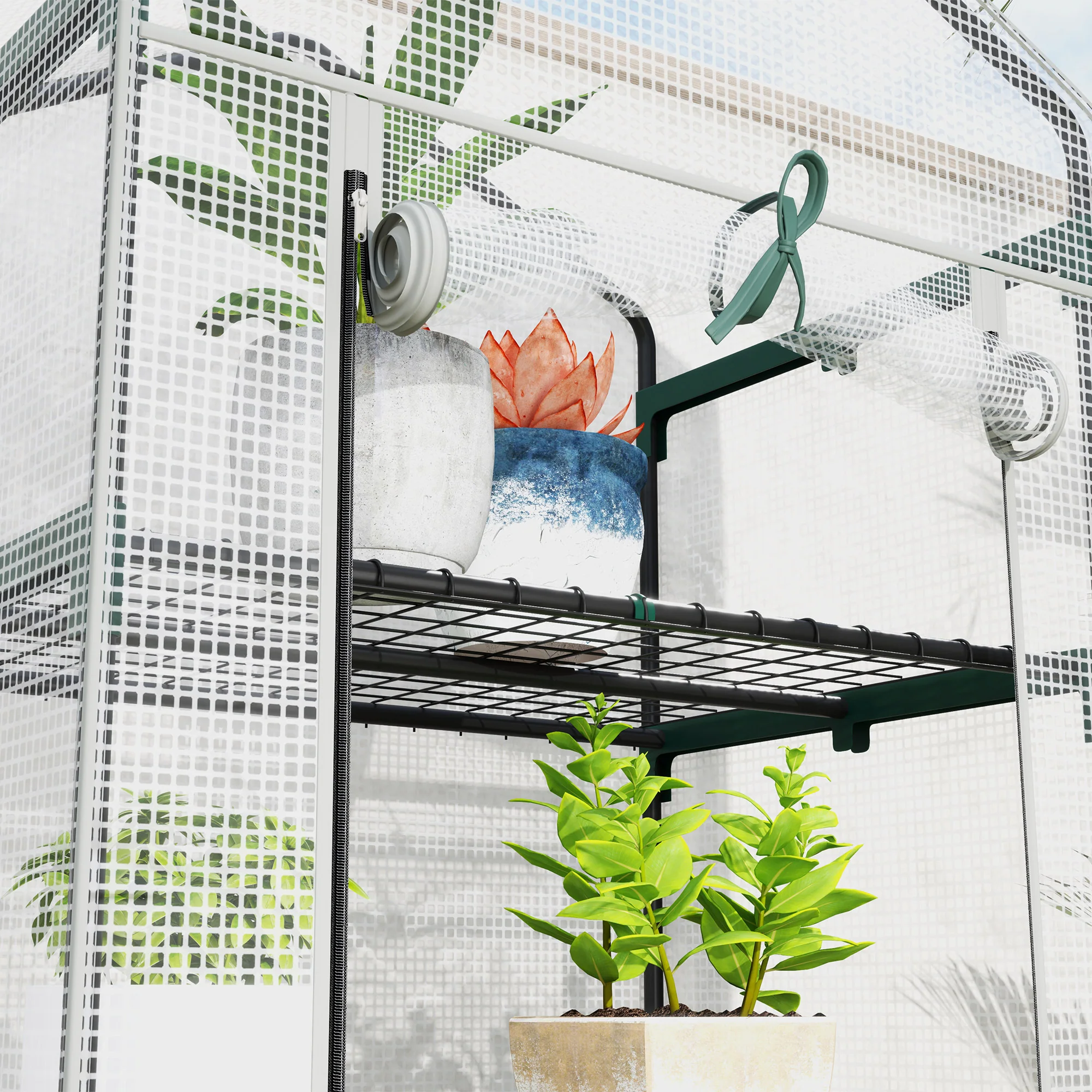 Outsunny 5 Tier Mini Greenhouse Grow House w/ Roll Up Door, White/Grey - Image 17