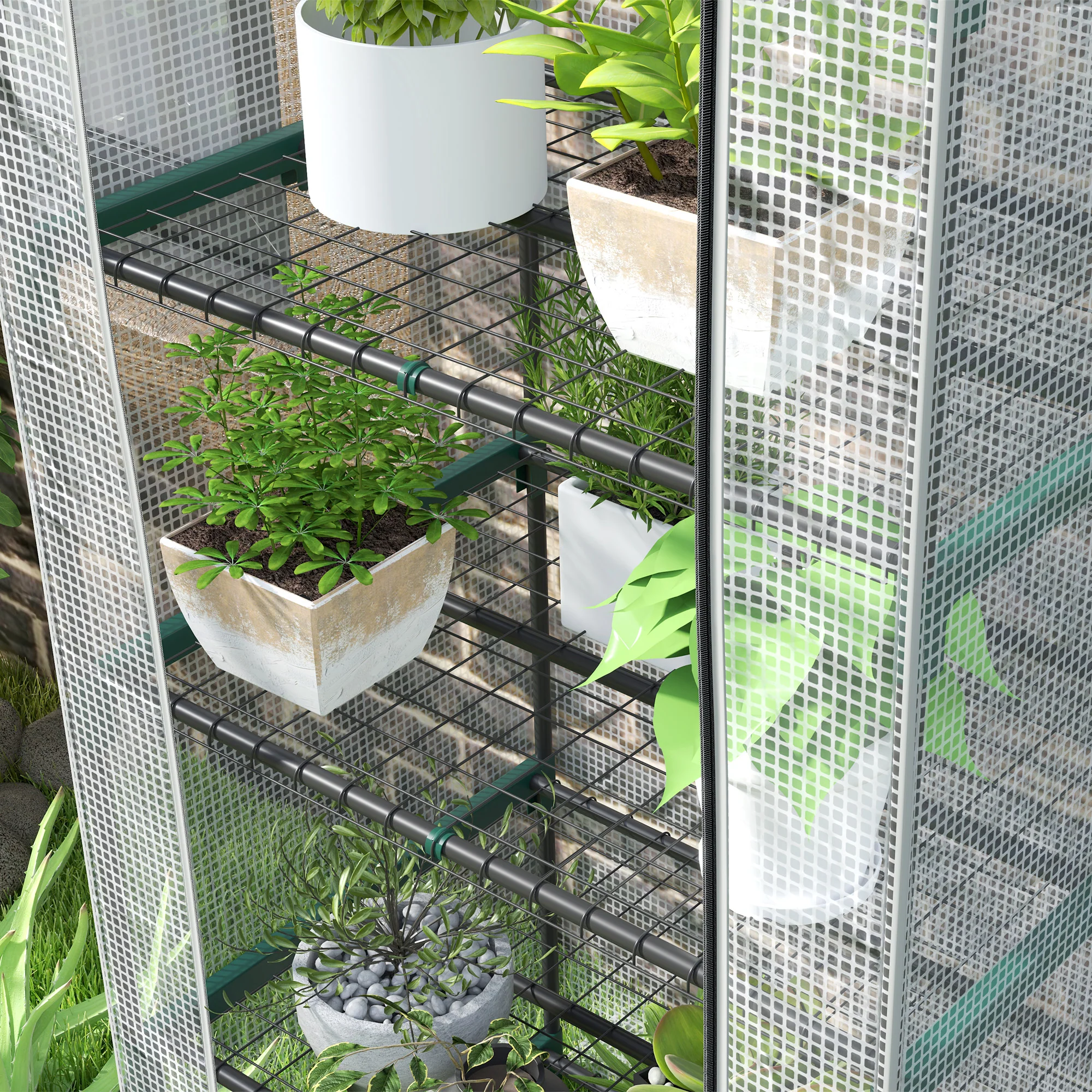 Outsunny 5 Tier Mini Greenhouse Grow House w/ Roll Up Door, White/Grey - Image 18