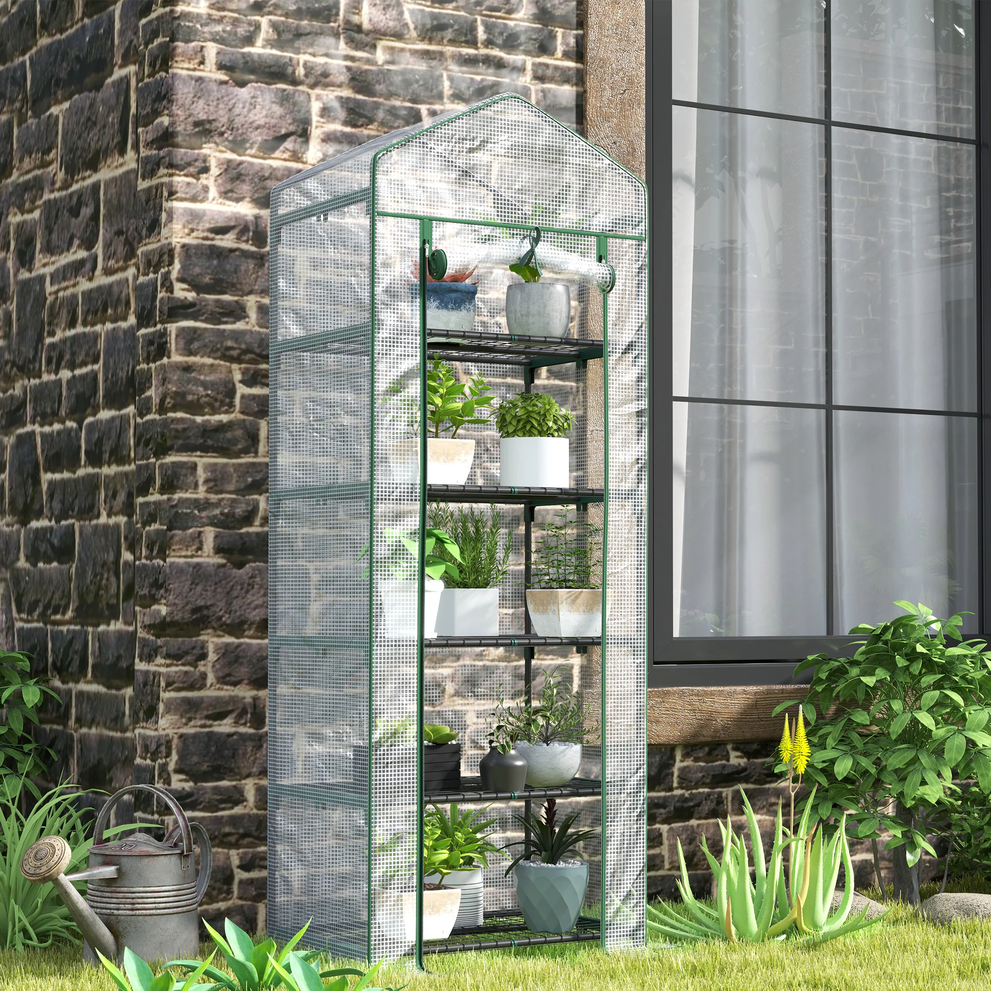 Outsunny 5 Tier Mini Greenhouse Grow House w/ Roll Up Door, White/Grey - Image 2
