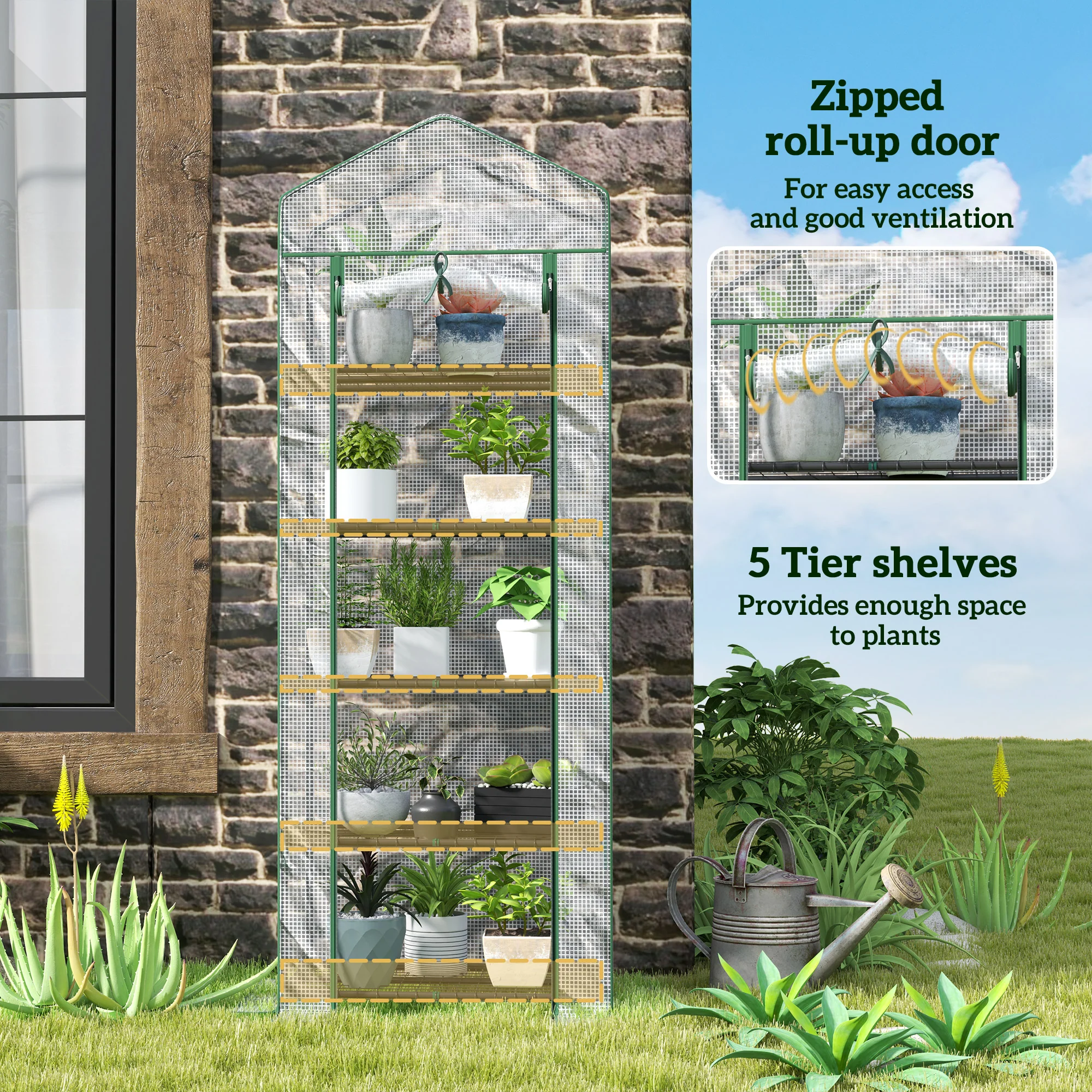 Outsunny 5 Tier Mini Greenhouse Grow House w/ Roll Up Door, White/Grey - Image 4