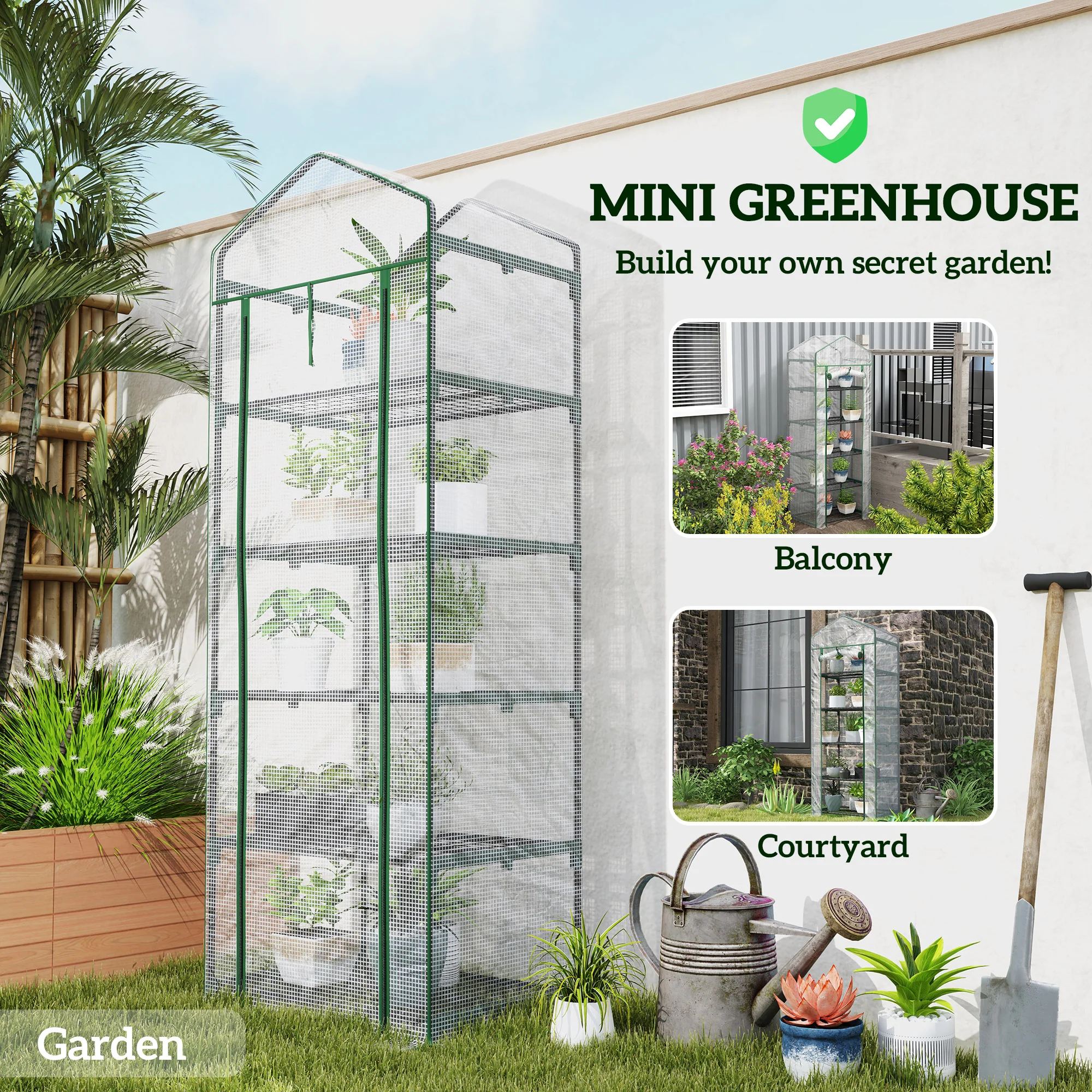 Outsunny 5 Tier Mini Greenhouse Grow House w/ Roll Up Door, White/Grey - Image 6
