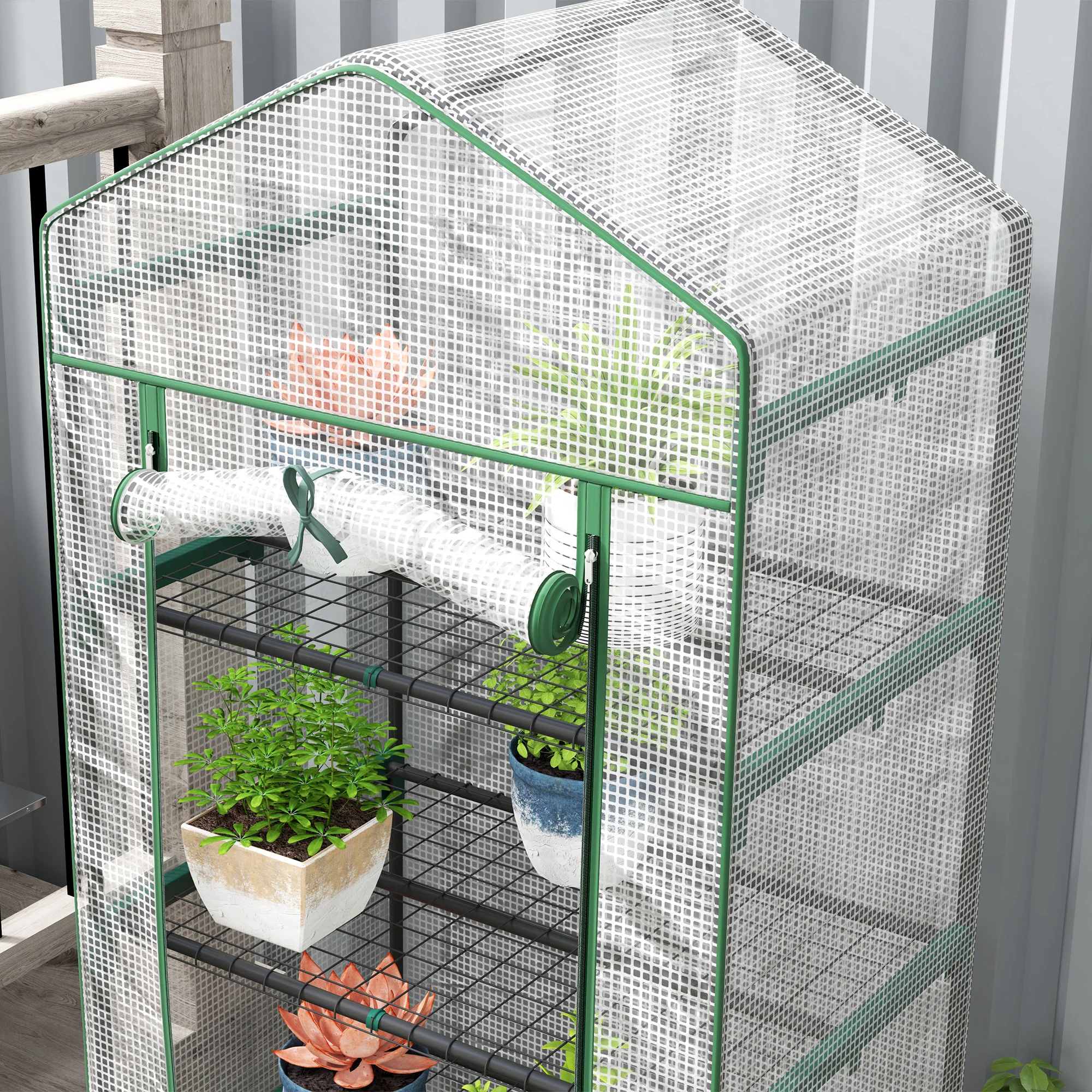 Outsunny 5 Tier Mini Greenhouse Grow House w/ Roll Up Door, White/Grey - Image 7