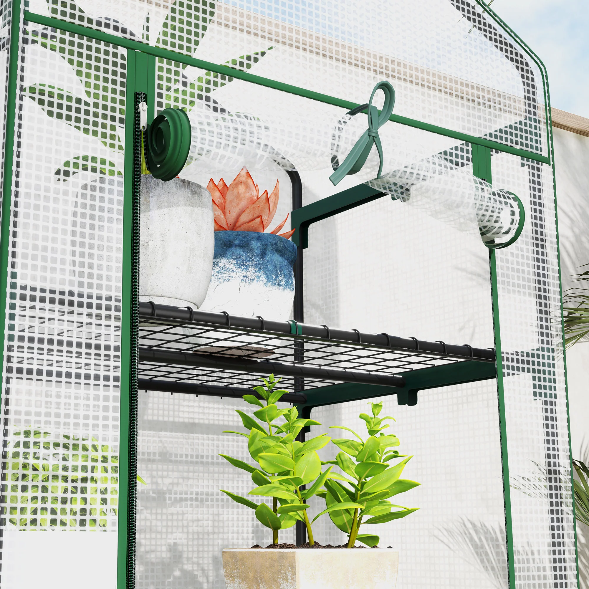 Outsunny 5 Tier Mini Greenhouse Grow House w/ Roll Up Door, White/Grey - Image 8