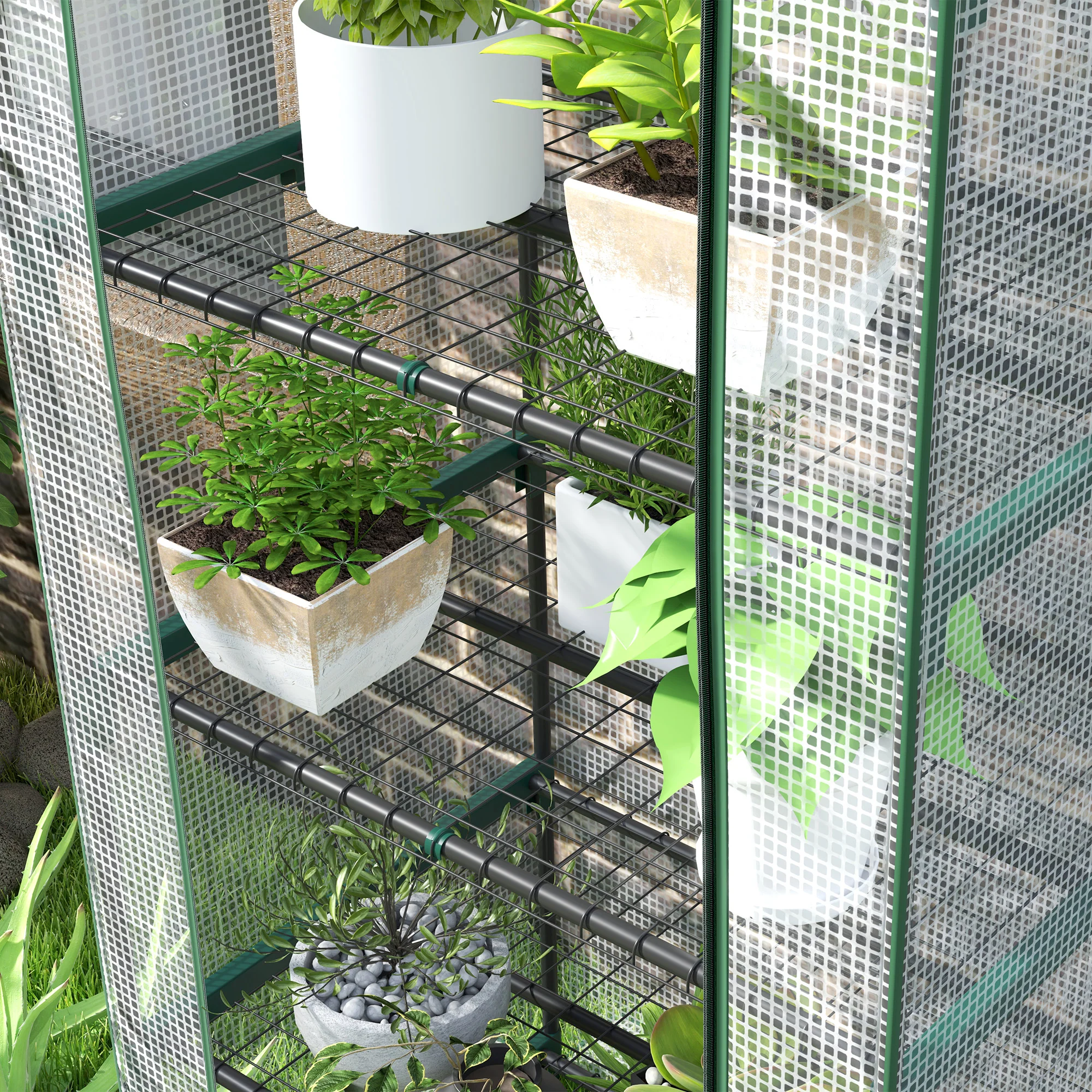 Outsunny 5 Tier Mini Greenhouse Grow House w/ Roll Up Door, White/Grey - Image 9