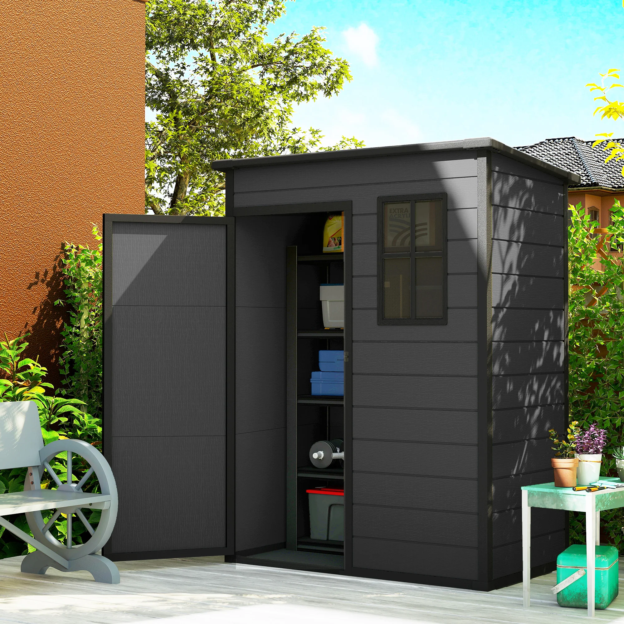 Outsunny 5' X 3' Garden Shed W/ Floor, Lockable Door, Window And Vent, Dark Grey - Image 2