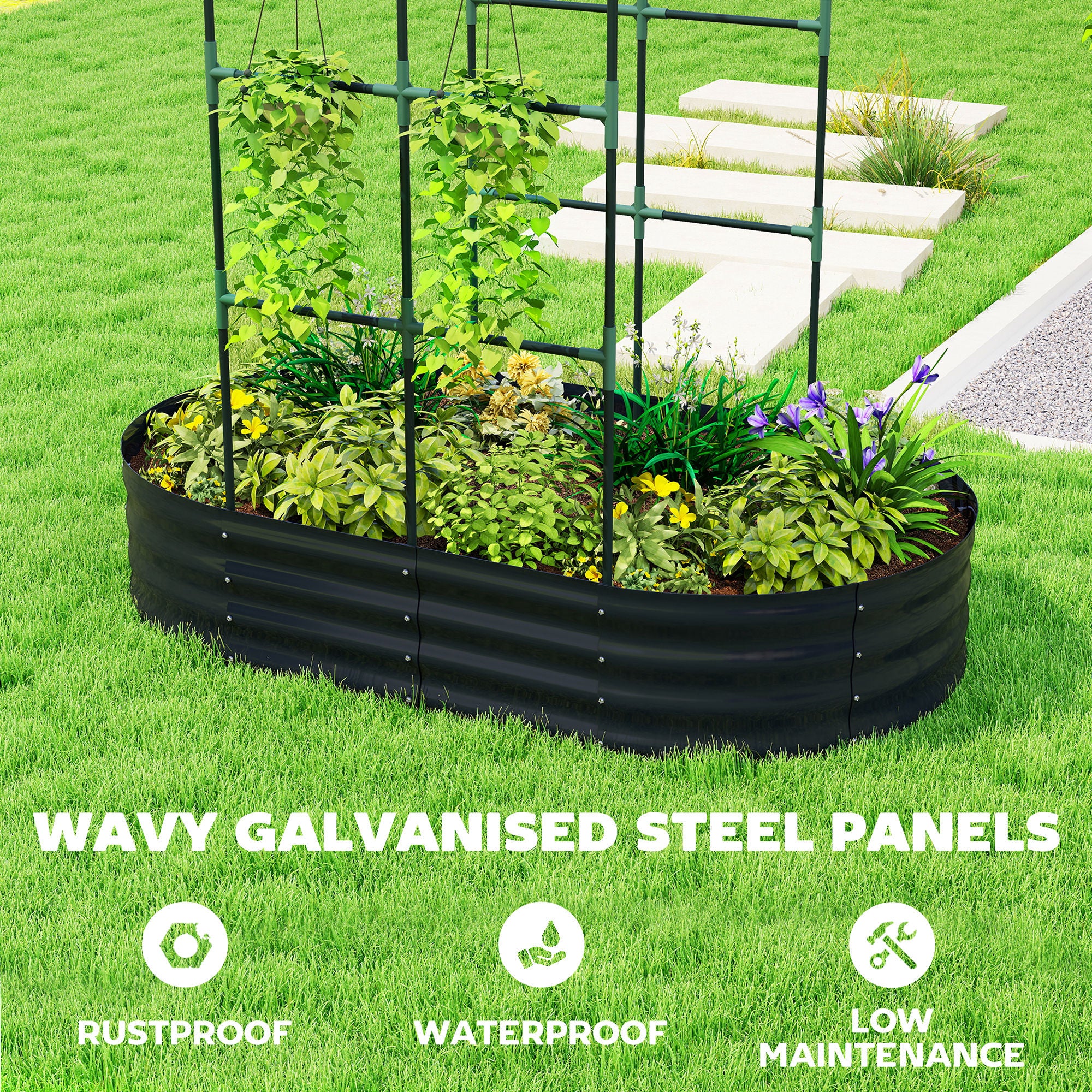 Outsunny 5 x 3 x 6ft Galvanised Raised Garden Bed with Trellis, Dark Grey - Image 6