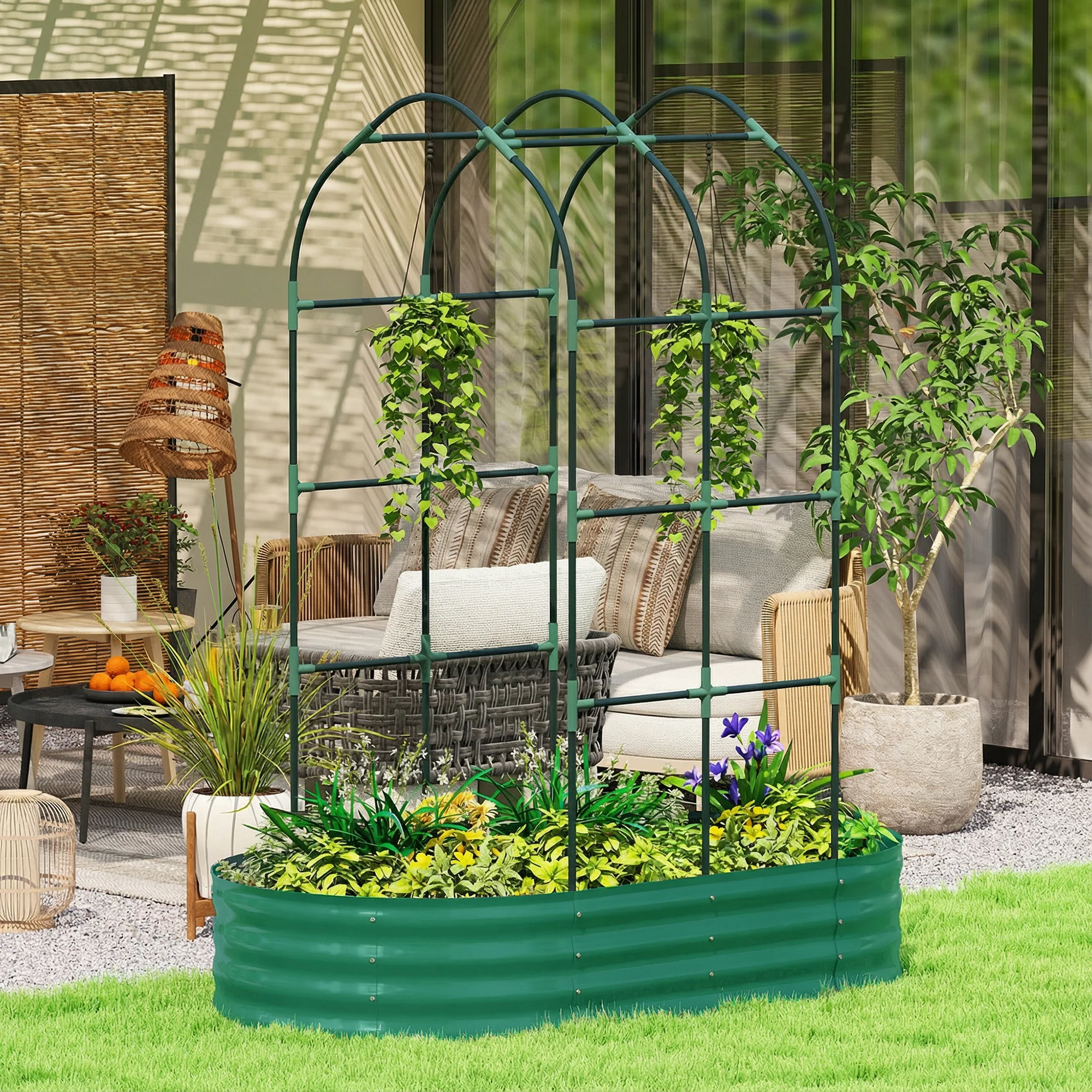 Outsunny 5 x 3 x 6ft Galvanised Raised Garden Bed with Trellis, Green - Image 2
