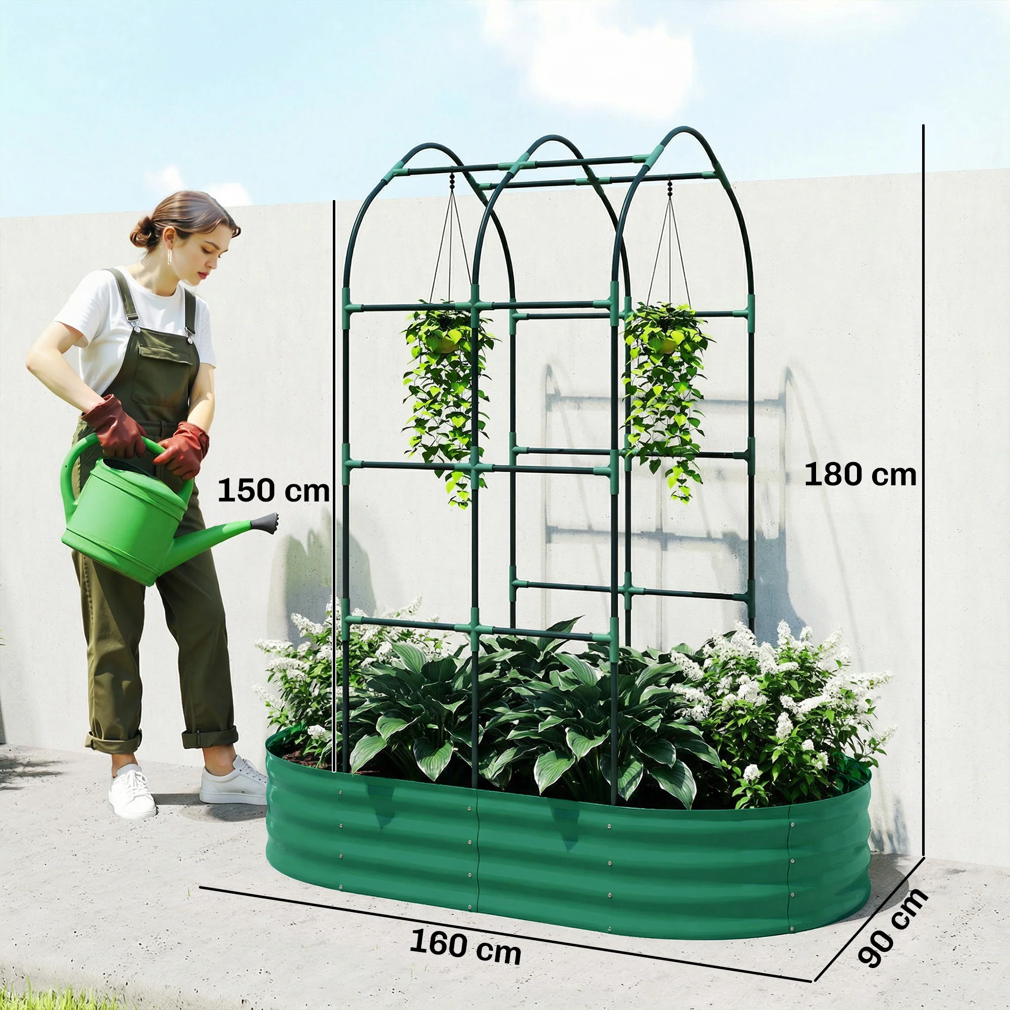 Outsunny 5 x 3 x 6ft Galvanised Raised Garden Bed with Trellis, Green - Image 3