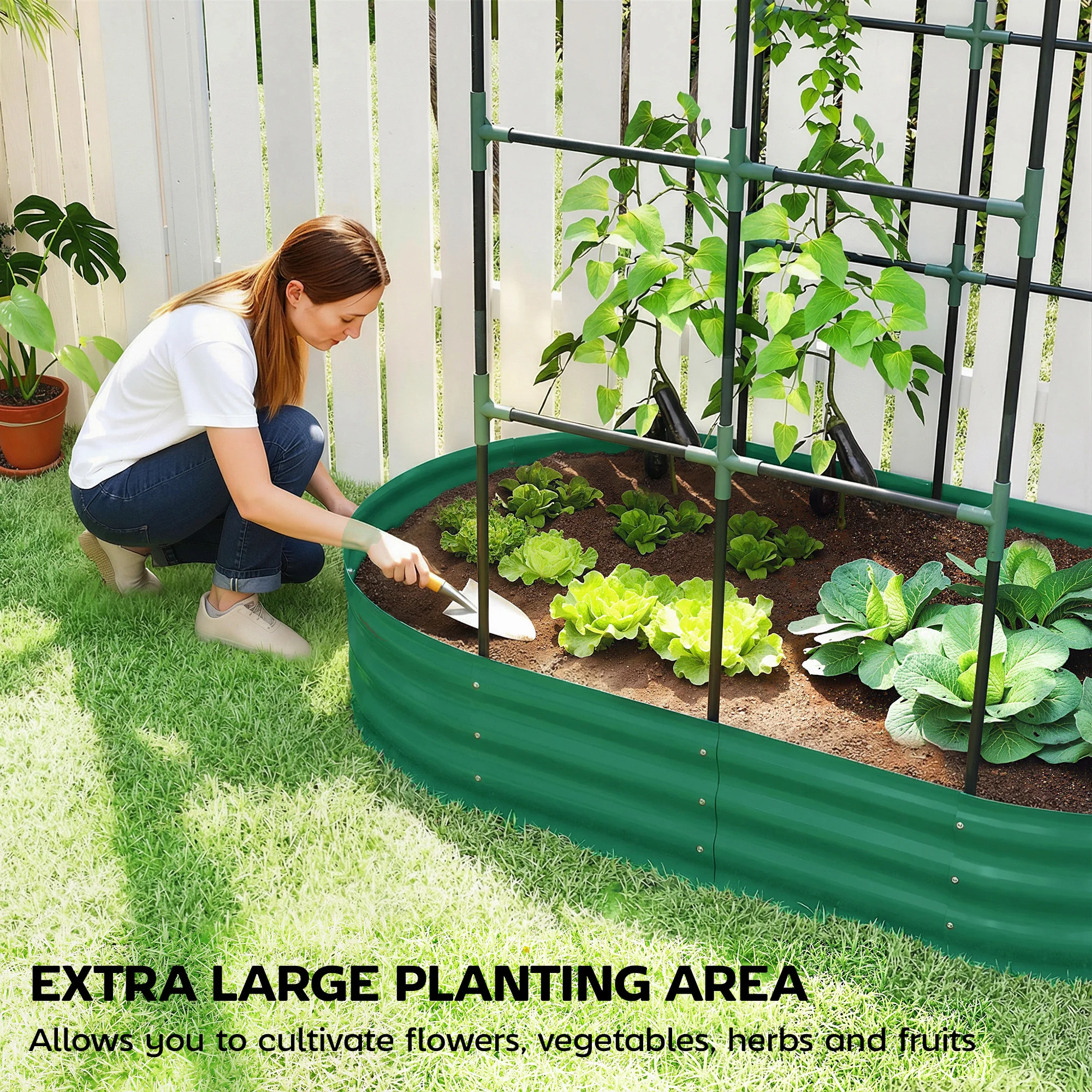 Outsunny 5 x 3 x 6ft Galvanised Raised Garden Bed with Trellis, Green - Image 4