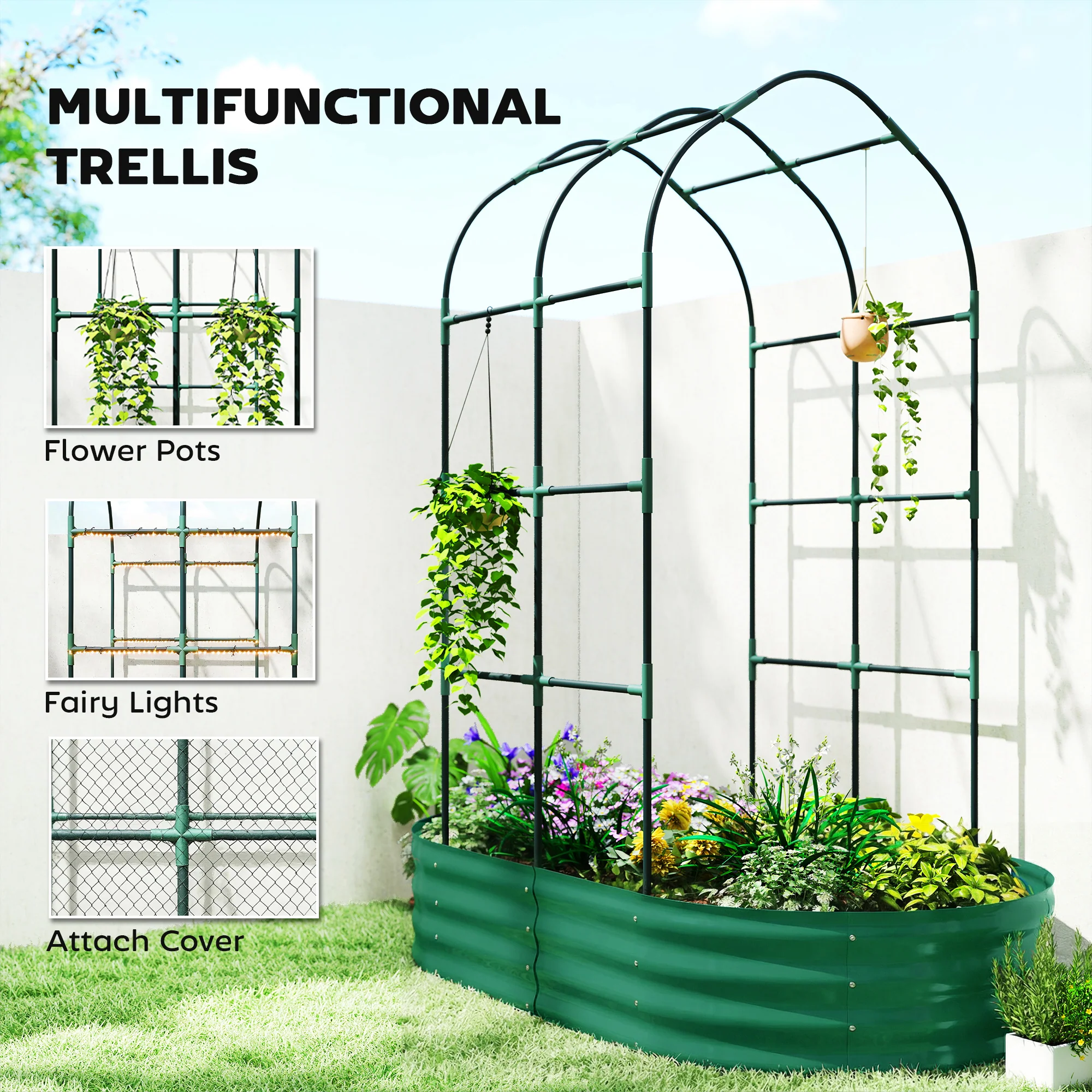 Outsunny 5 x 3 x 6ft Galvanised Raised Garden Bed with Trellis, Green - Image 5