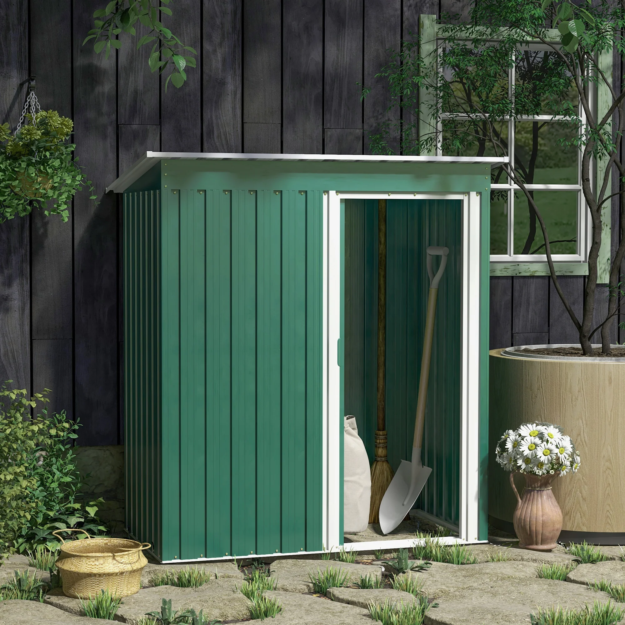 Outsunny 5 x 3ft Garden Storage Shed Sliding Door Sloped Roof Tool Green - Image 2