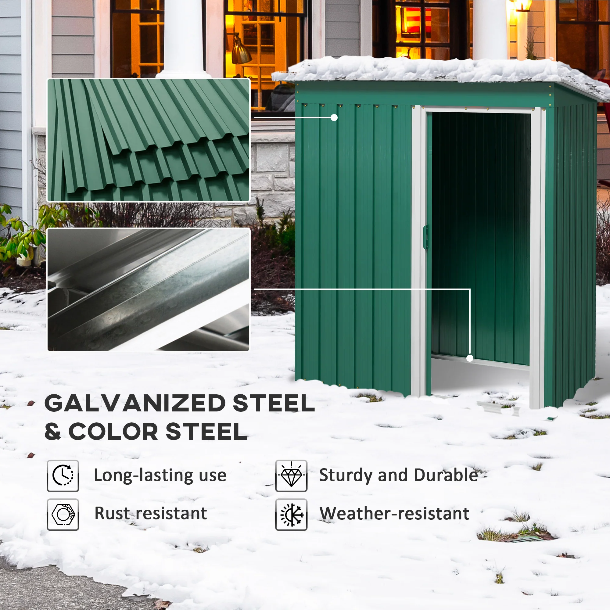 Outsunny 5 x 3ft Garden Storage Shed Sliding Door Sloped Roof Tool Green - Image 3