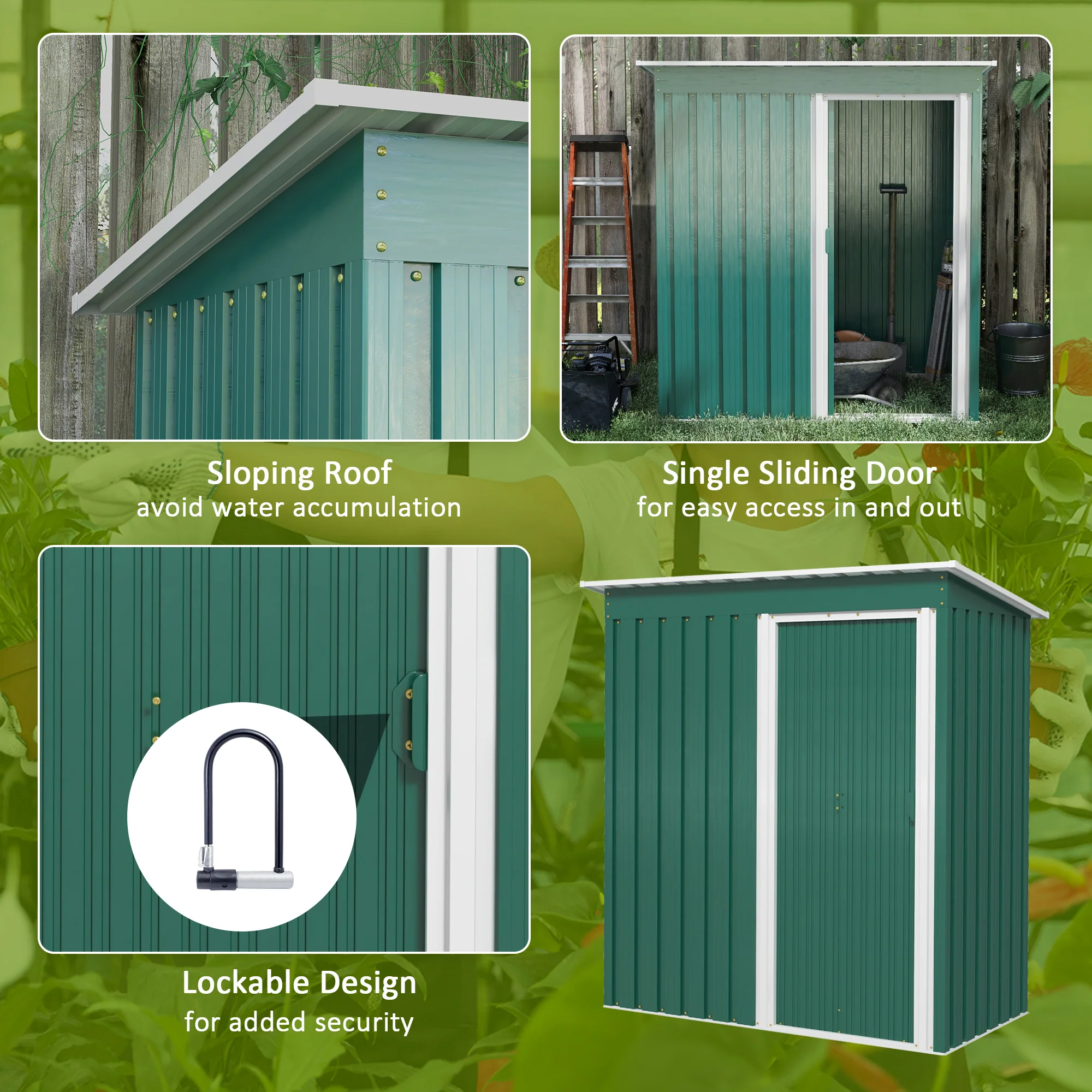 Outsunny 5 x 3ft Garden Storage Shed Sliding Door Sloped Roof Tool Green - Image 4