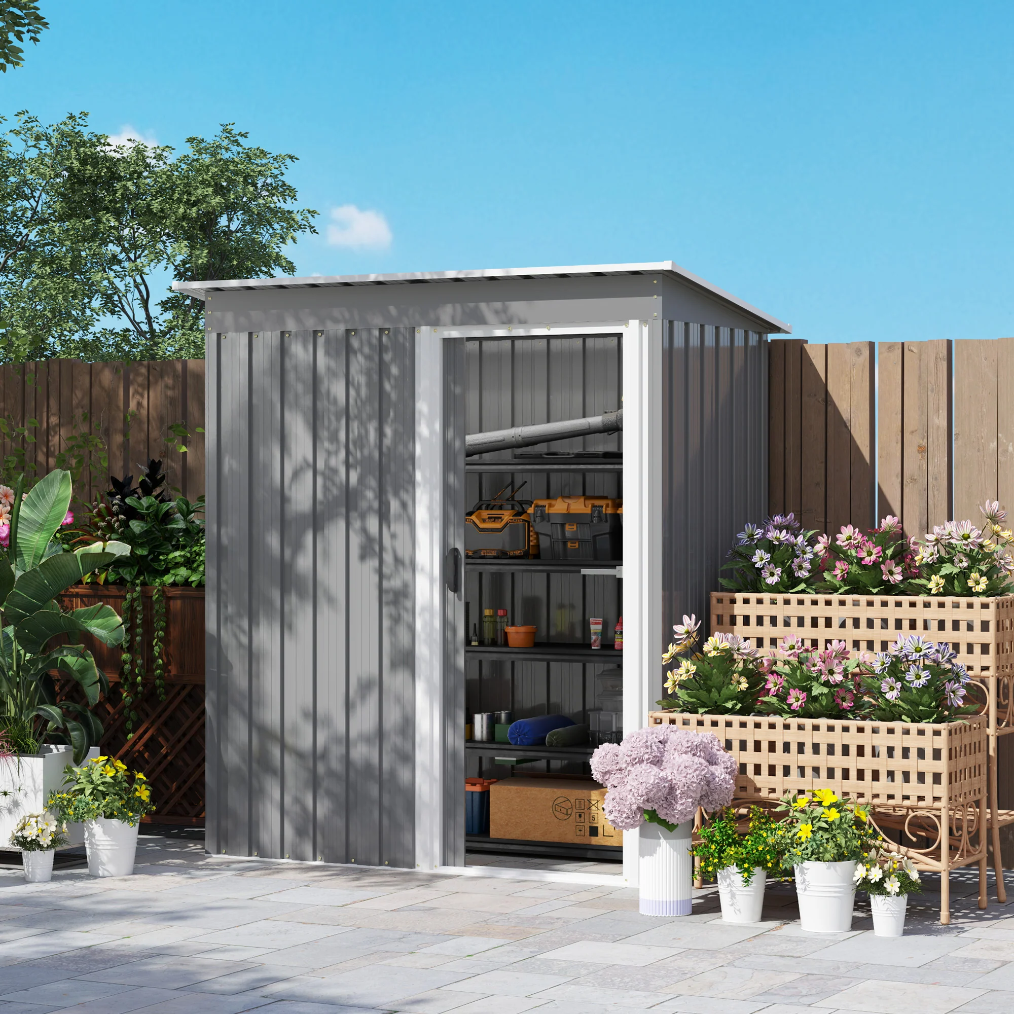 Outsunny 5 x 3ft Garden Storage Shed Sliding Door Sloped Roof Tool, Grey - Image 2