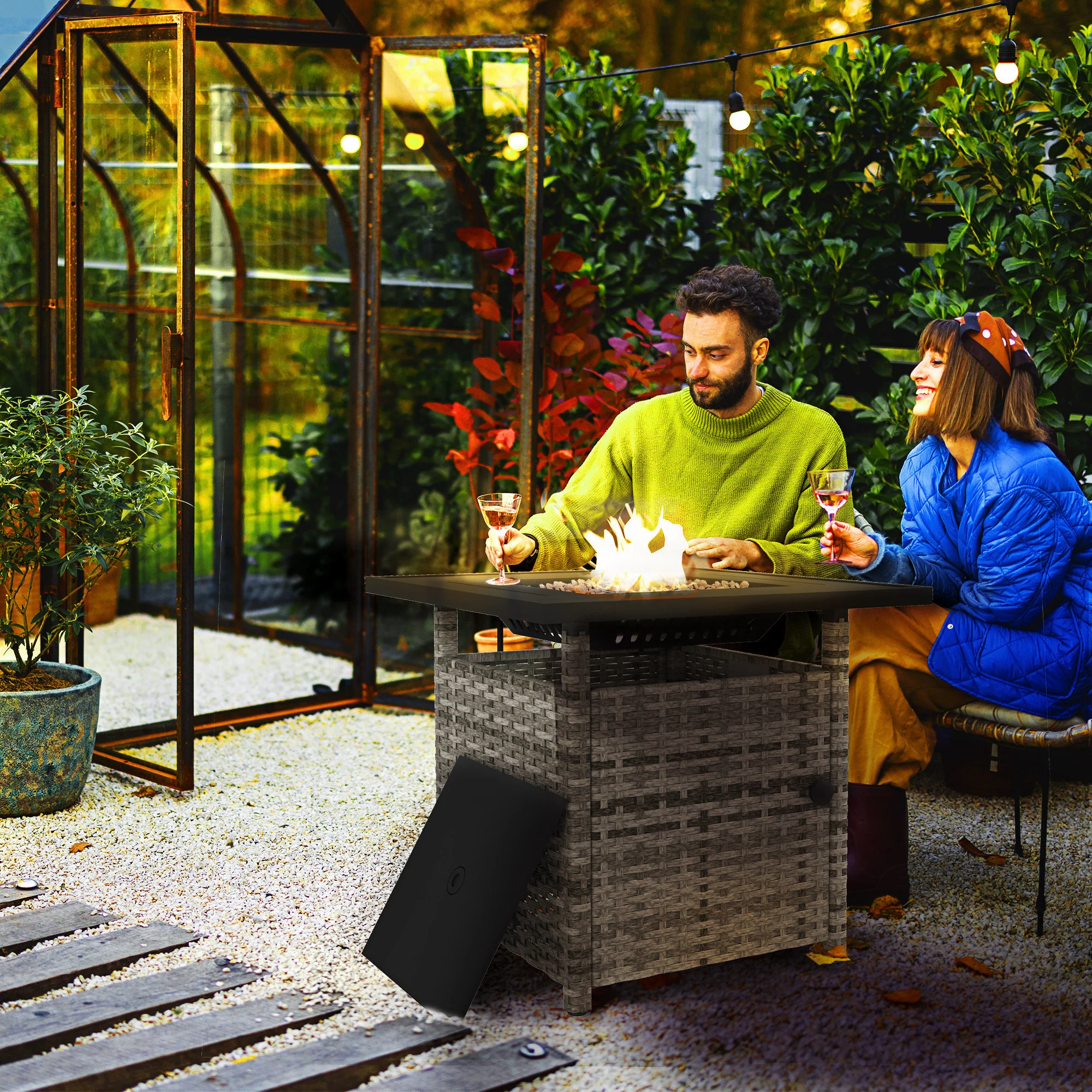 Outsunny 50,000 BTU Rattan Fire Pits For Garden, Propane Fire Pit Table - Grey/Brown - Image 11
