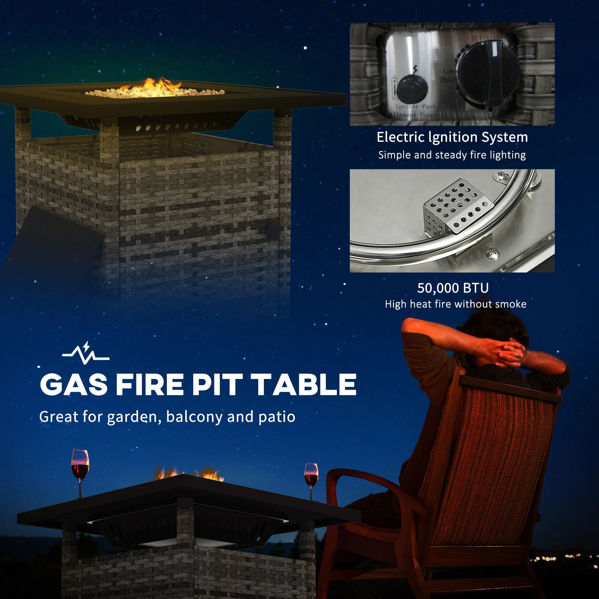 Outsunny 50,000 BTU Rattan Fire Pits For Garden, Propane Fire Pit Table - Grey/Brown - Image 12