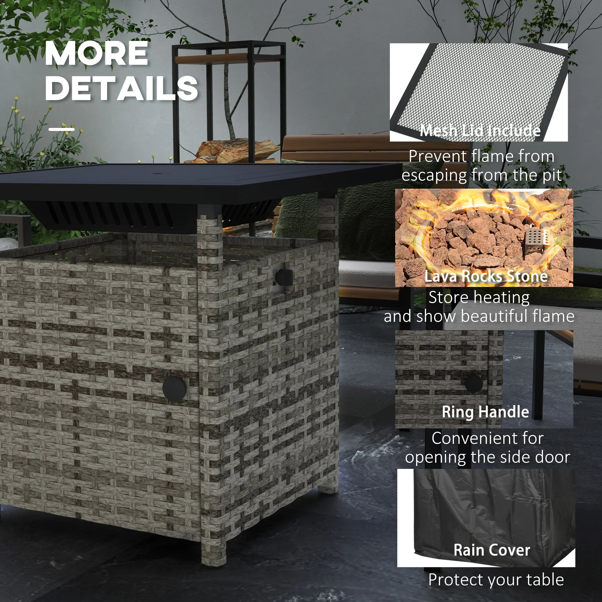 Outsunny 50,000 BTU Rattan Fire Pits For Garden, Propane Fire Pit Table - Grey/Brown - Image 15