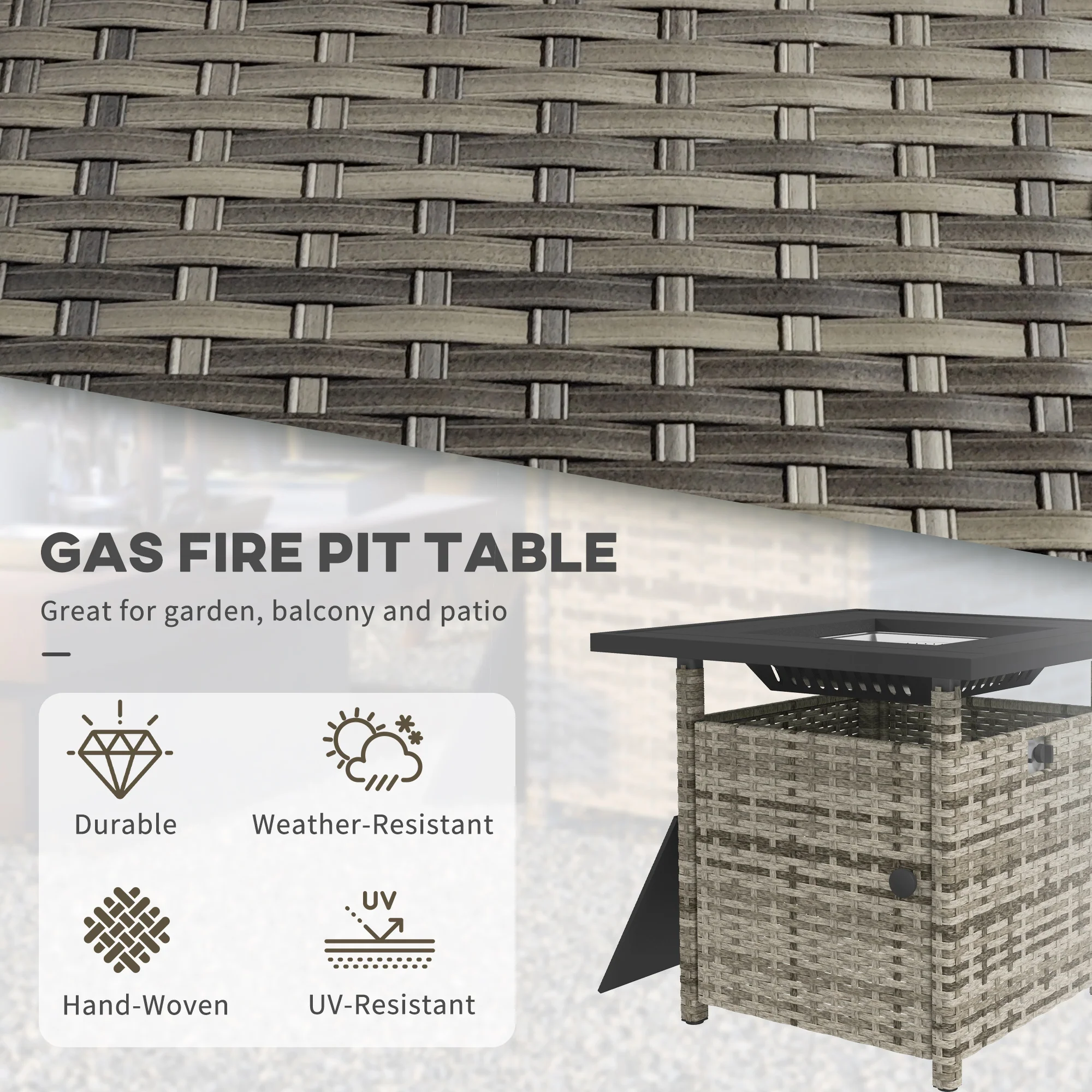 Outsunny 50,000 BTU Rattan Fire Pits For Garden, Propane Fire Pit Table - Grey/Brown - Image 16