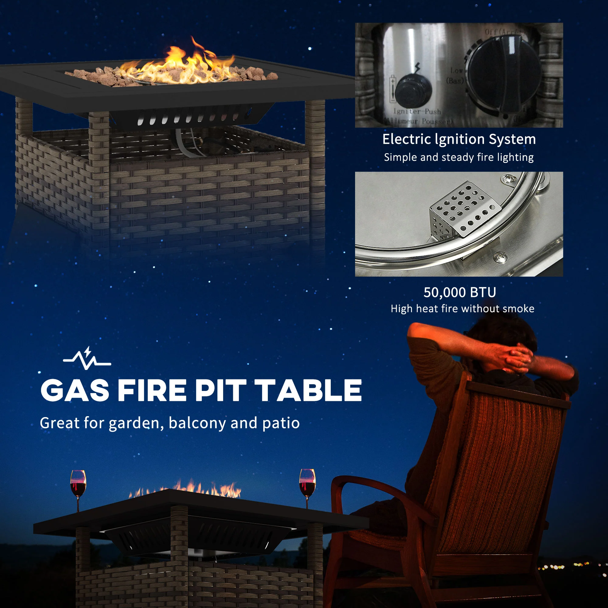 Outsunny 50,000 BTU Rattan Fire Pits For Garden, Propane Fire Pit Table - Grey/Brown - Image 3
