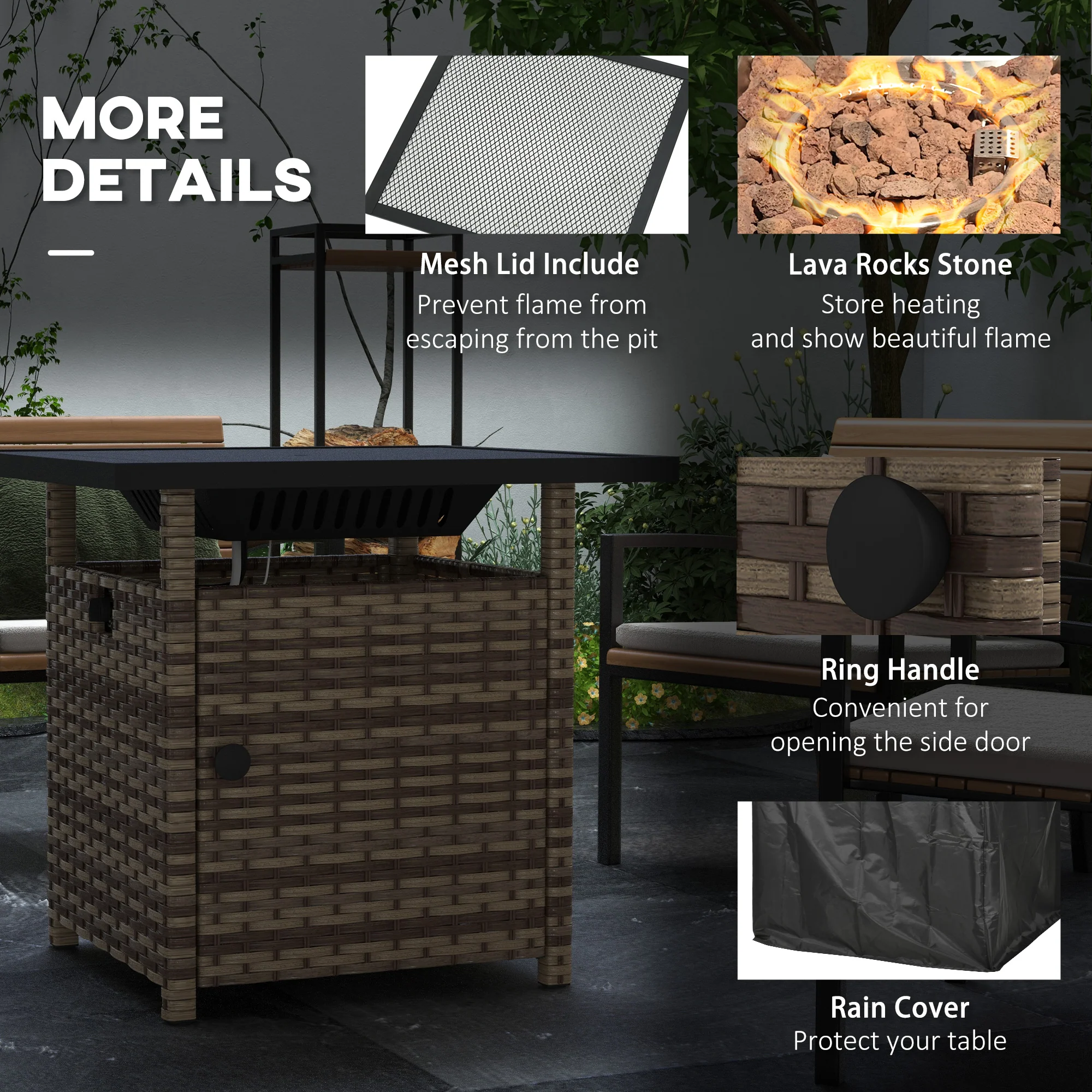 Outsunny 50,000 BTU Rattan Fire Pits For Garden, Propane Fire Pit Table - Grey/Brown - Image 6