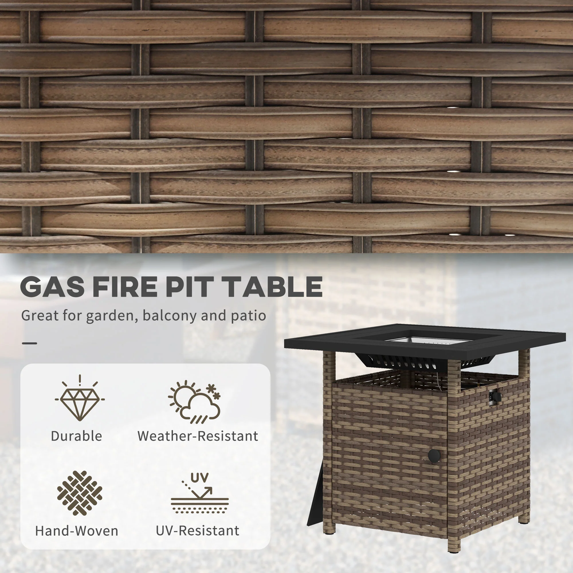 Outsunny 50,000 BTU Rattan Fire Pits For Garden, Propane Fire Pit Table - Grey/Brown - Image 7
