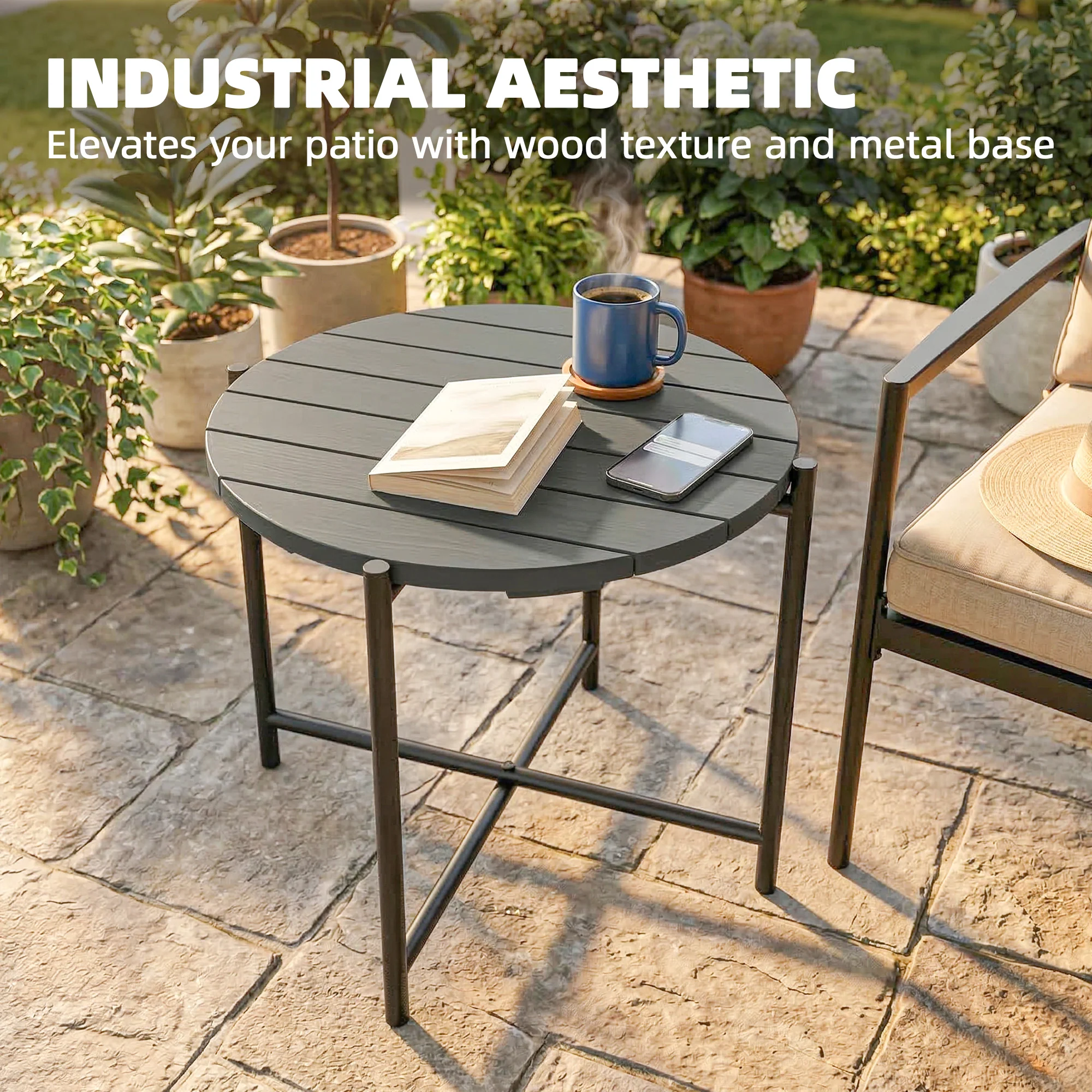 Outsunny 54 cm Round Garden Table, Slatted Wood Top Outdoor Table, Dark Grey - Image 3