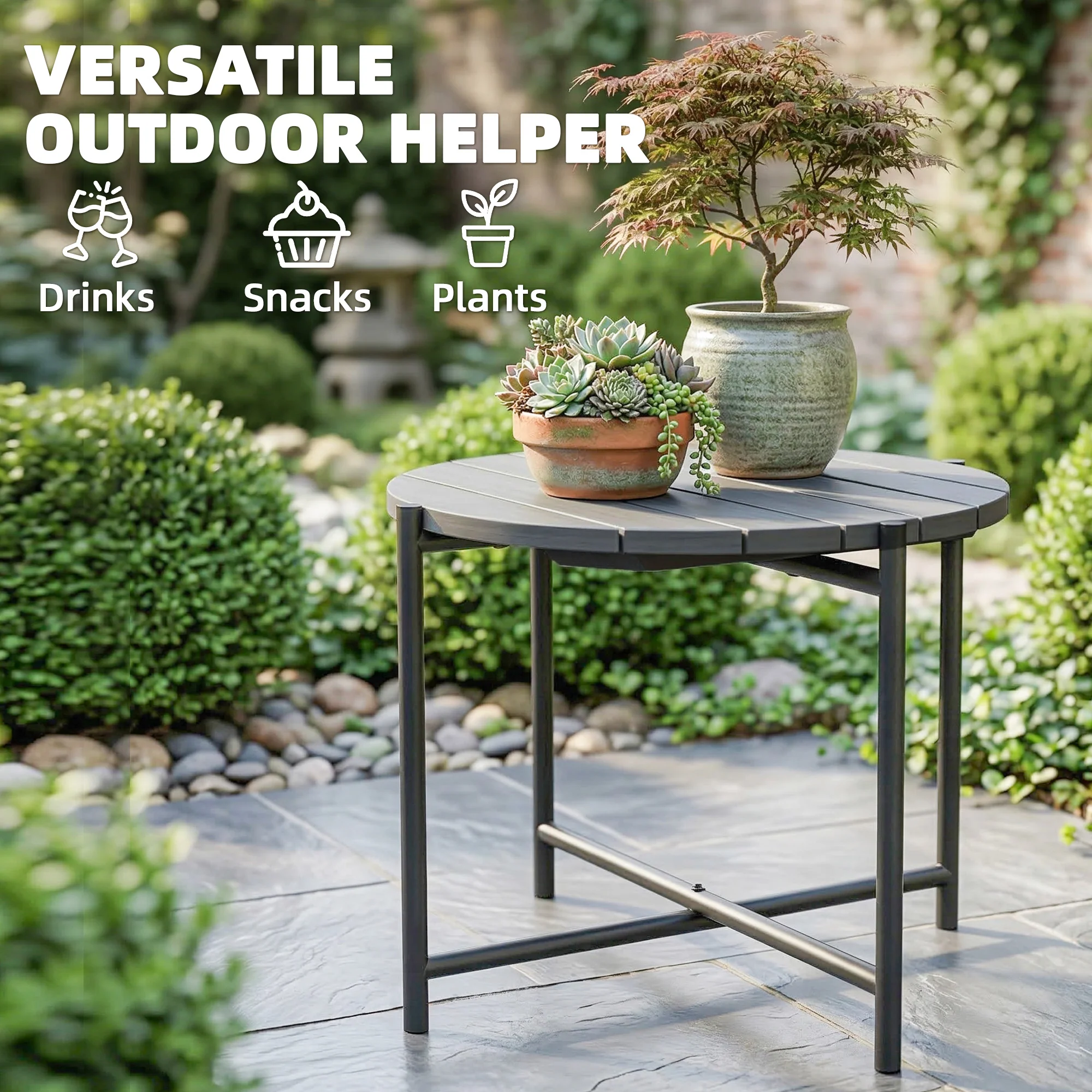 Outsunny 54 cm Round Garden Table, Slatted Wood Top Outdoor Table, Dark Grey - Image 4