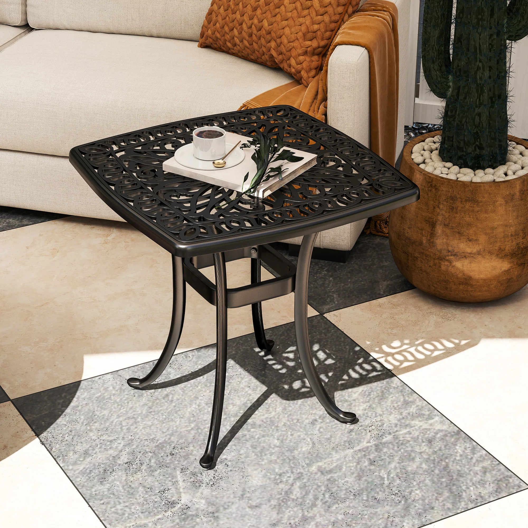 Outsunny 54 x 54cm Aluminium Outdoor Garden Side Table w/ Umbrella Hole, Black - Image 2