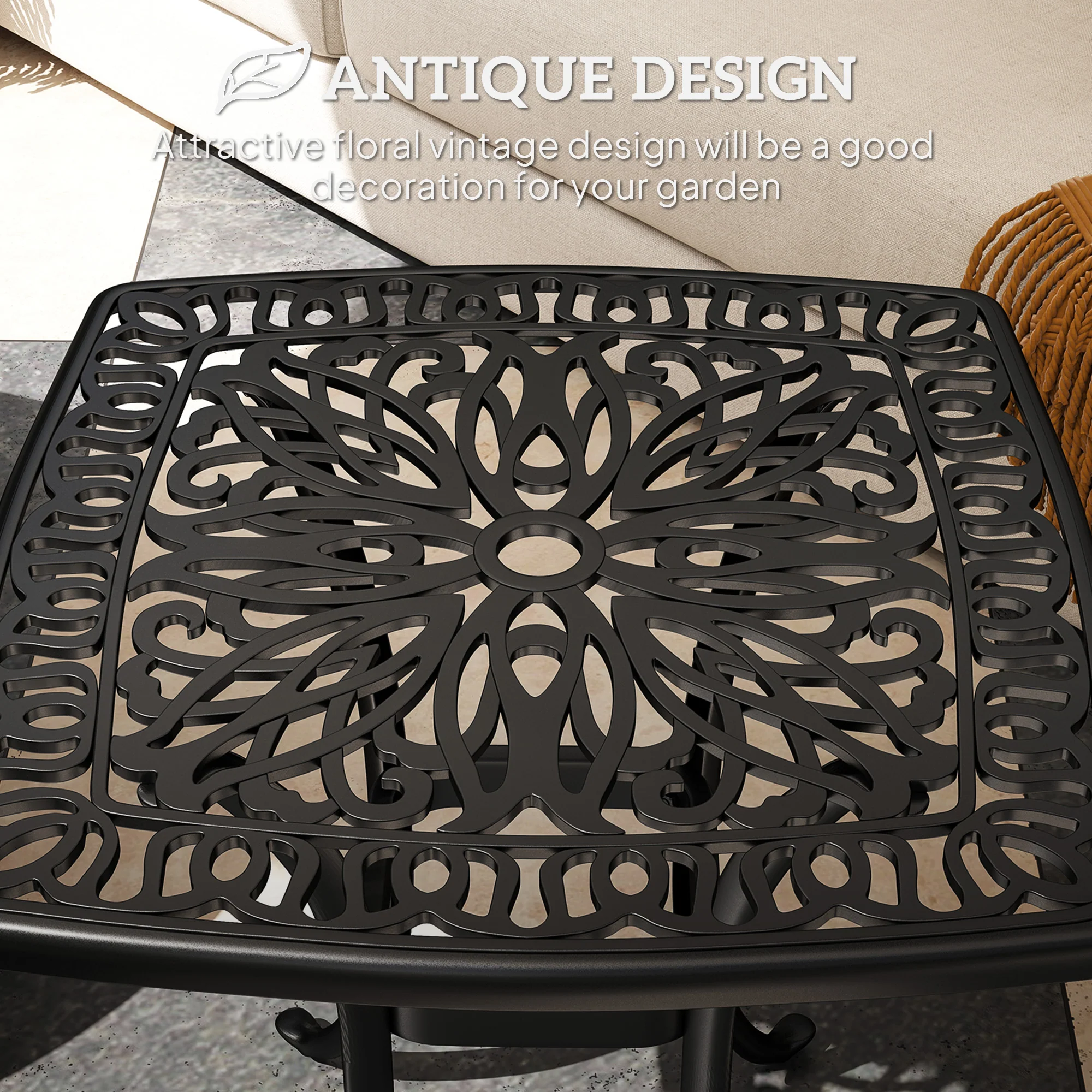 Outsunny 54 x 54cm Aluminium Outdoor Garden Side Table w/ Umbrella Hole, Black - Image 3